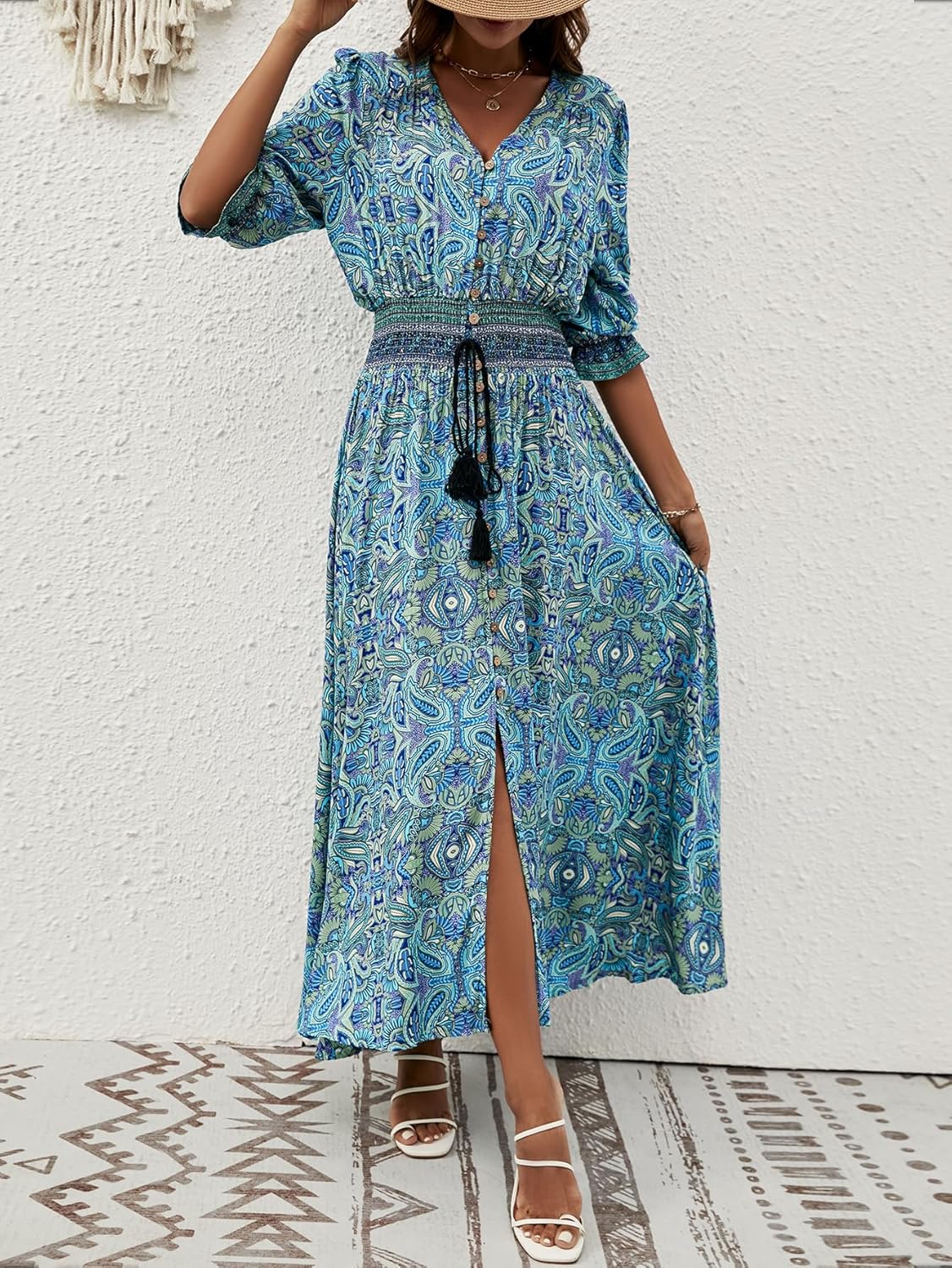 Liezl Robe Femme Bohème Fleurie – Col V Cache-Cœur, Midi Fluide, Manches 3/4