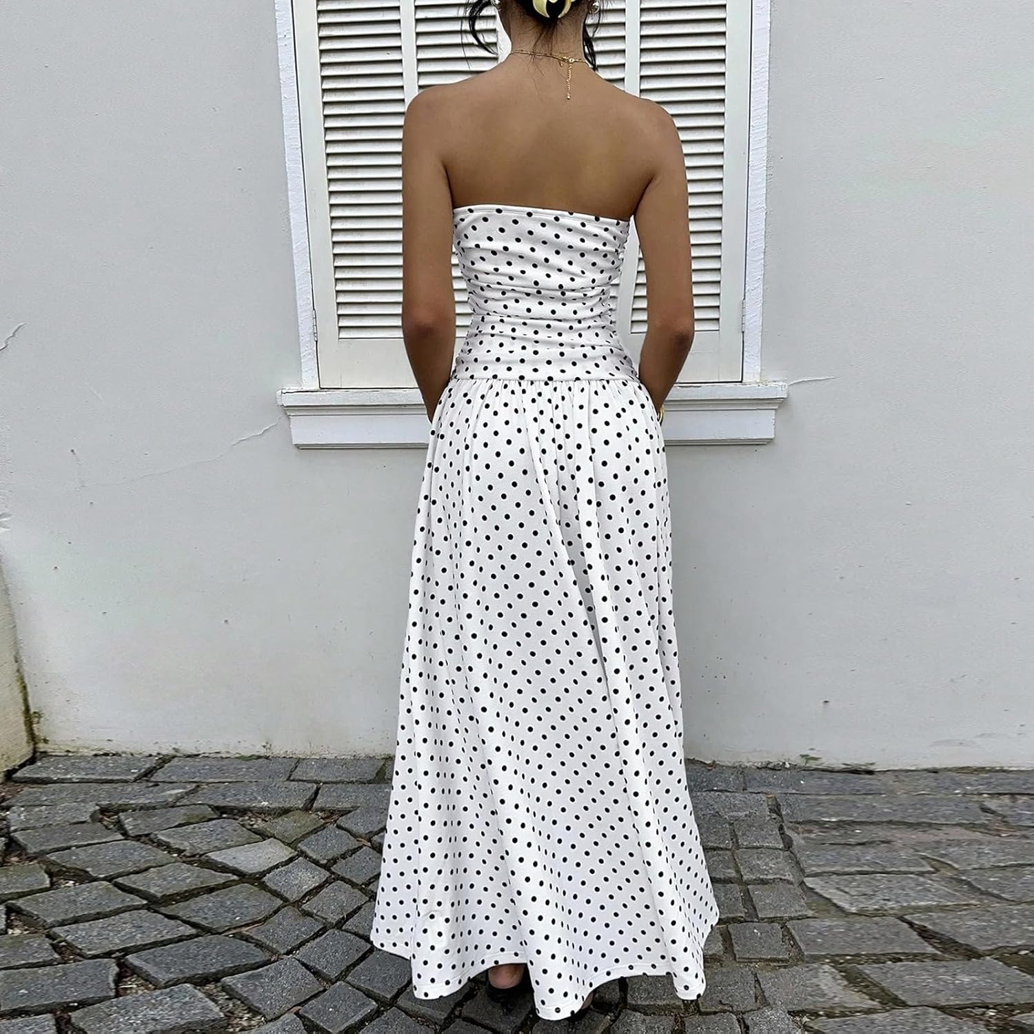 Rochie Sophie pentru femei – Rochie maxi bandeau cu buline, talie înaltă, fluidă, elegantă, de vară