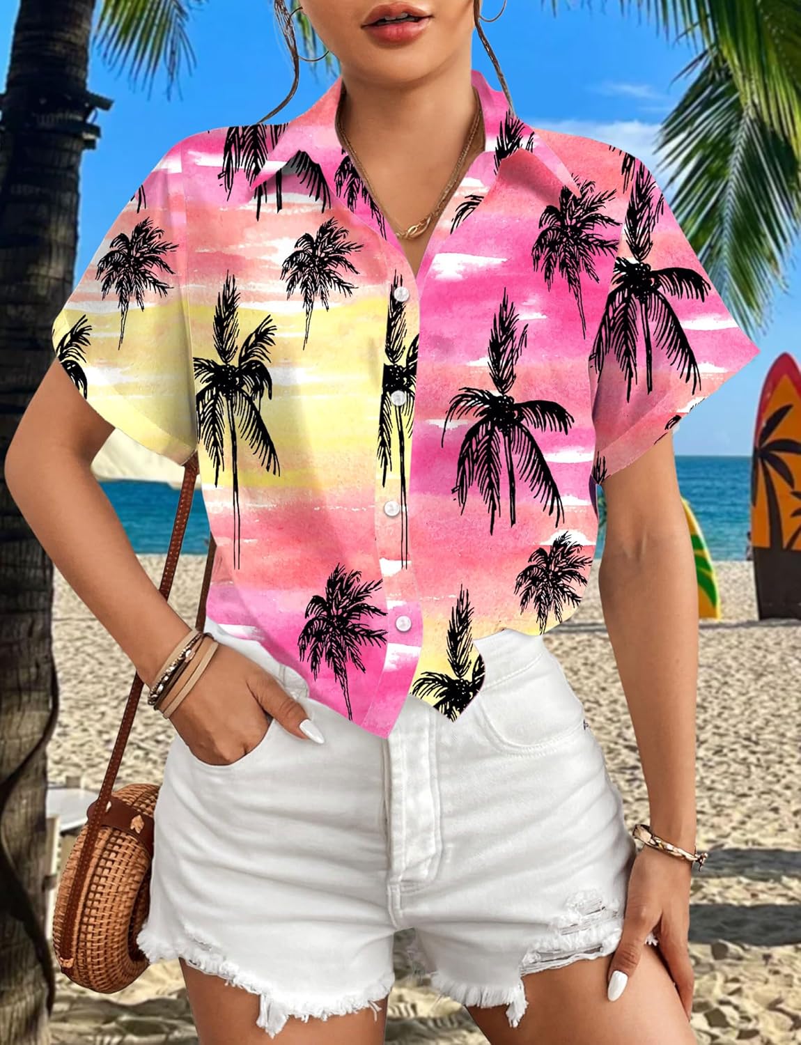 Aloha Camisa Hawaiana Mujer – Blusa Tropical con Estampado Floral