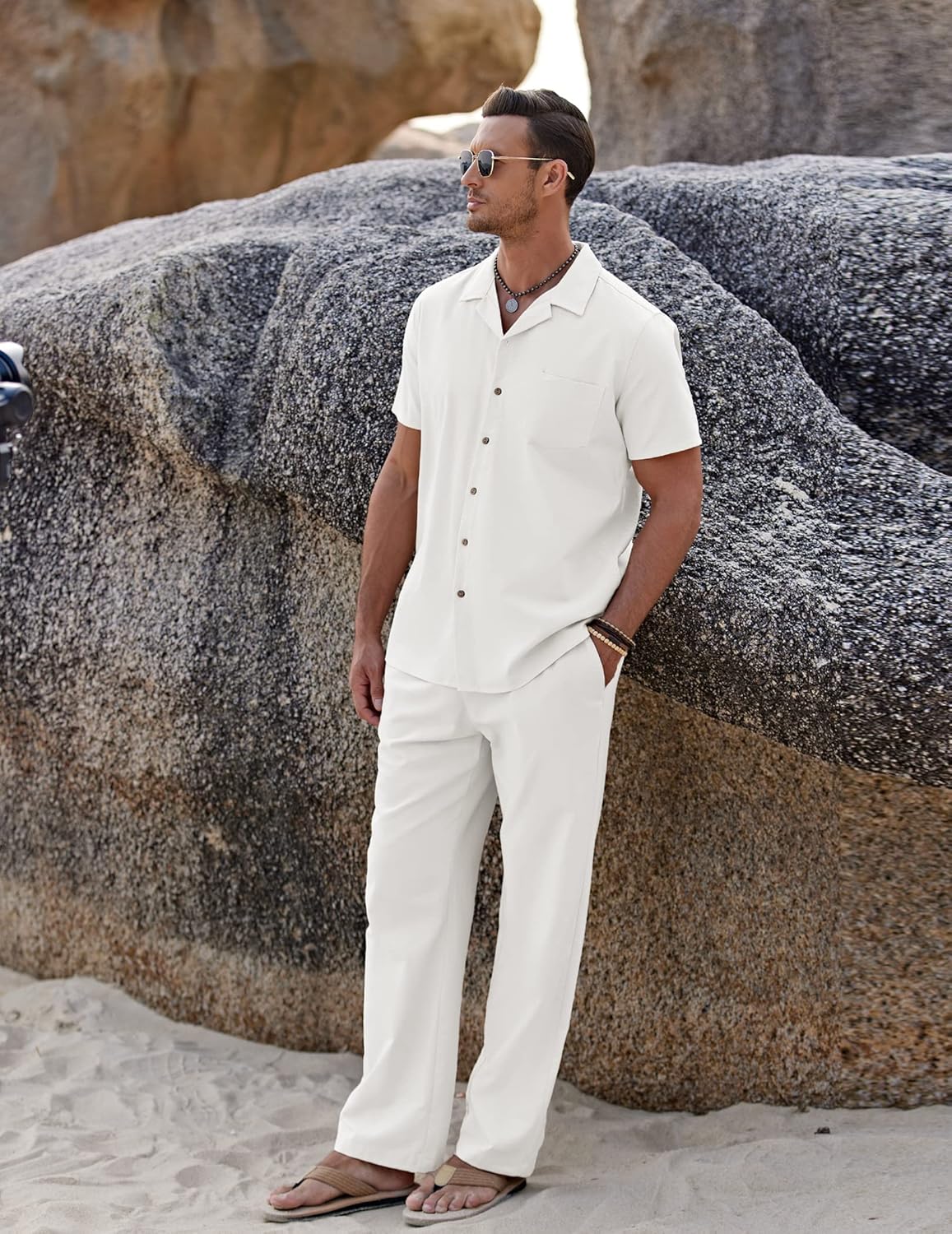 Conjunto Oliver Homem Verão – Camisa de Linho com Gola Cubana & Calças Casuais