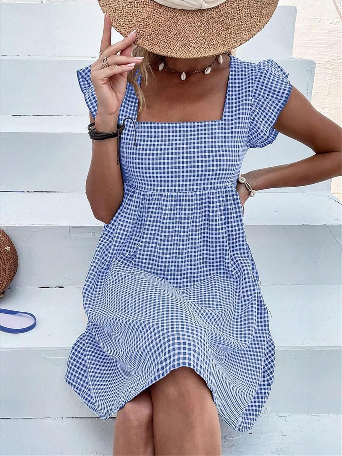 Rochie Lily pentru femei – Rochie midi în carouri cu guler pătrat, smocată, cu volane, croială în A, de vară