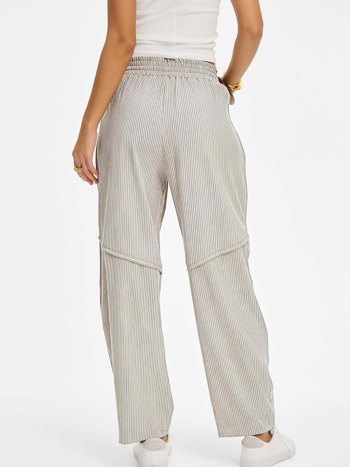 Calças Kim Mulher Risca de Giz Barril – Corte Largo, Cintura Elástica, Estilo Casual