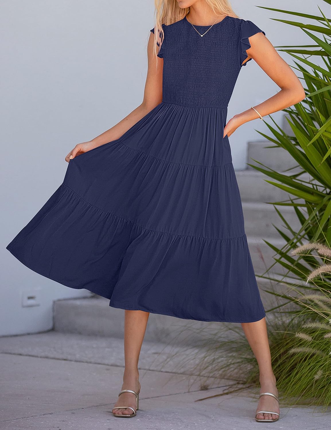 Louise Midi Dress for Women – Summer Smocked Dress with Flounced Sleeves, Elegant A-Line Cut