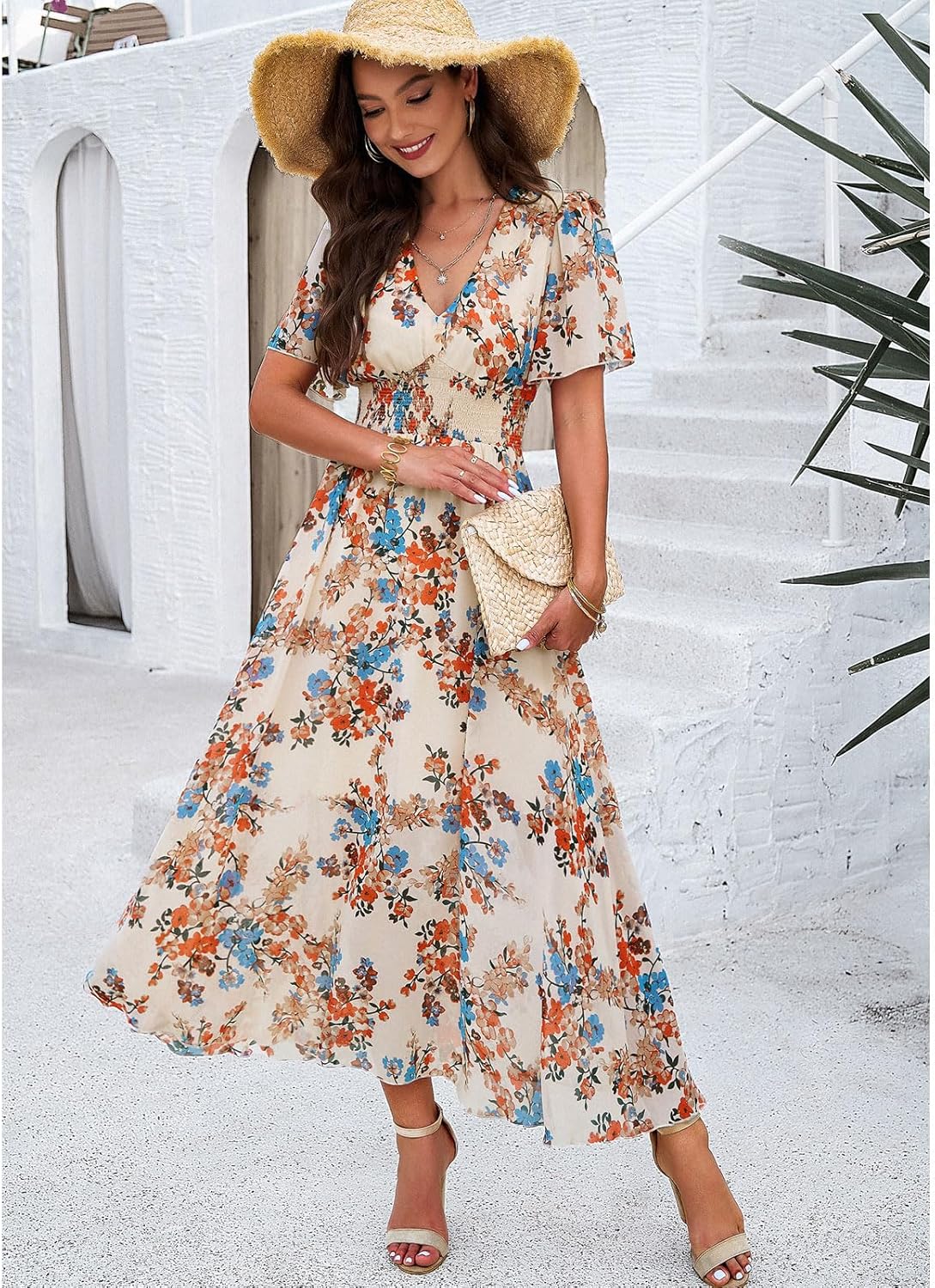 Vestido Dianne para mujer con flores – Cuello en V, mangas cortas, corte fluido, verano casual