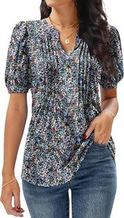 Top Élise para mujer con flores – Blusa elegante con cuello en V plisado y mangas con volantes