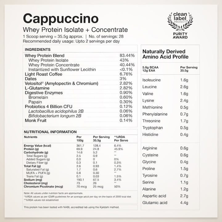 Whey Protein Isolate + Concentrate 24g | 1KG | 4B CFU Probiotics | Cappuccino & Creatine Monohydrate Unflavored