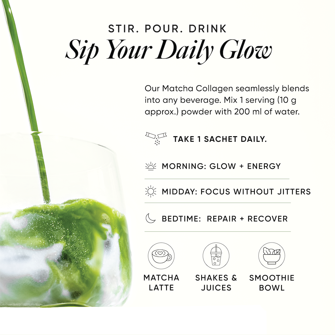 1 sachet of matcha collagen in a glass
