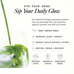 1 sachet of matcha collagen in a glass