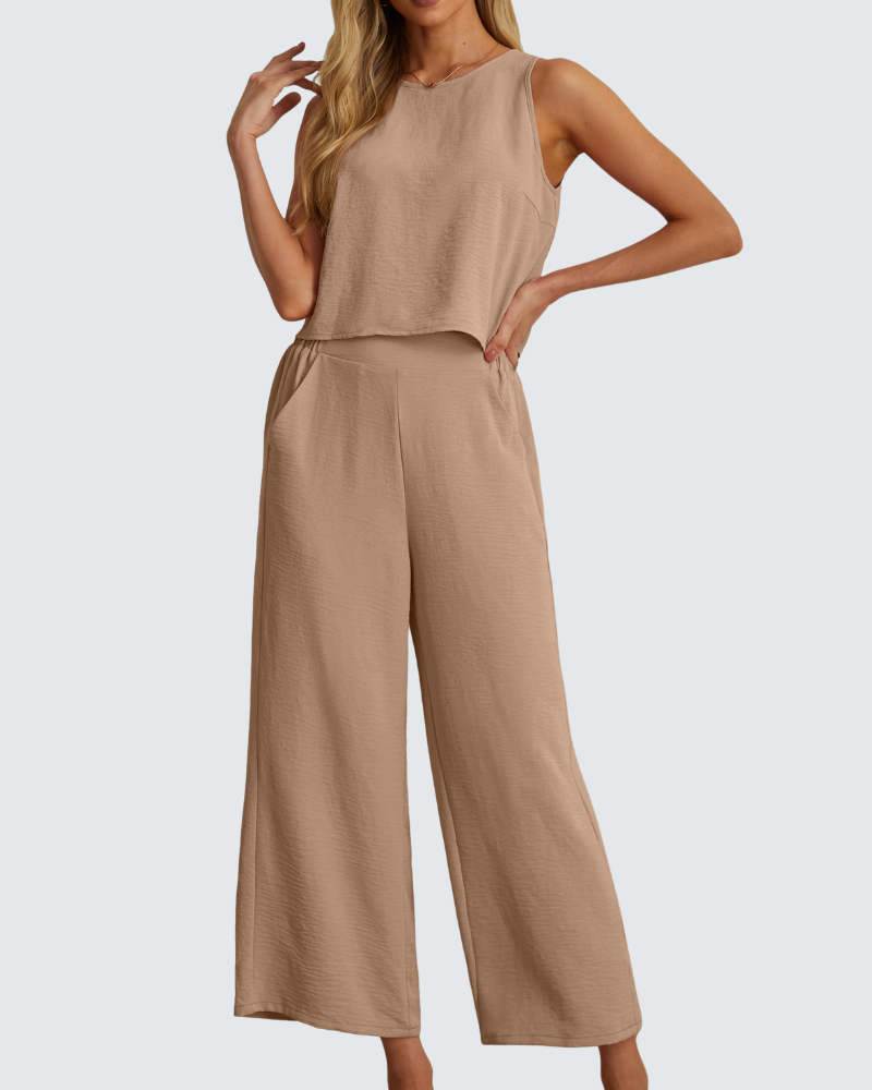 Velly Women's Summer Set – Sleeveless Top & High-Waisted Wide-Leg Pants
