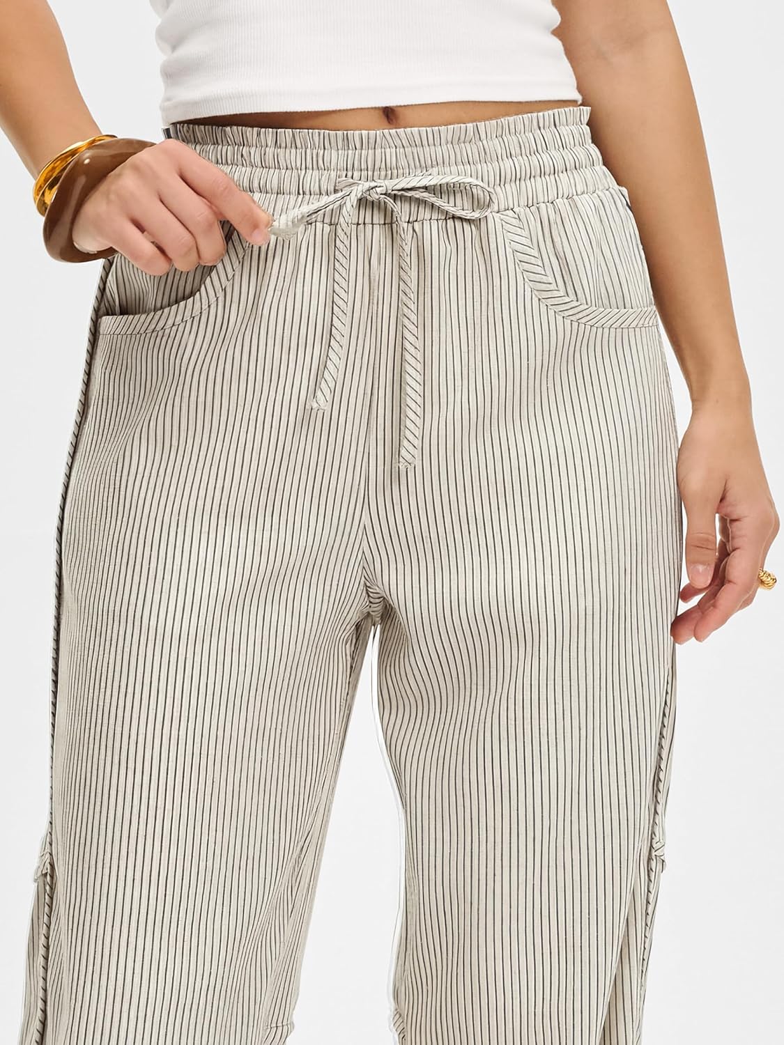 Calças Kim Mulher Risca de Giz Barril – Corte Largo, Cintura Elástica, Estilo Casual