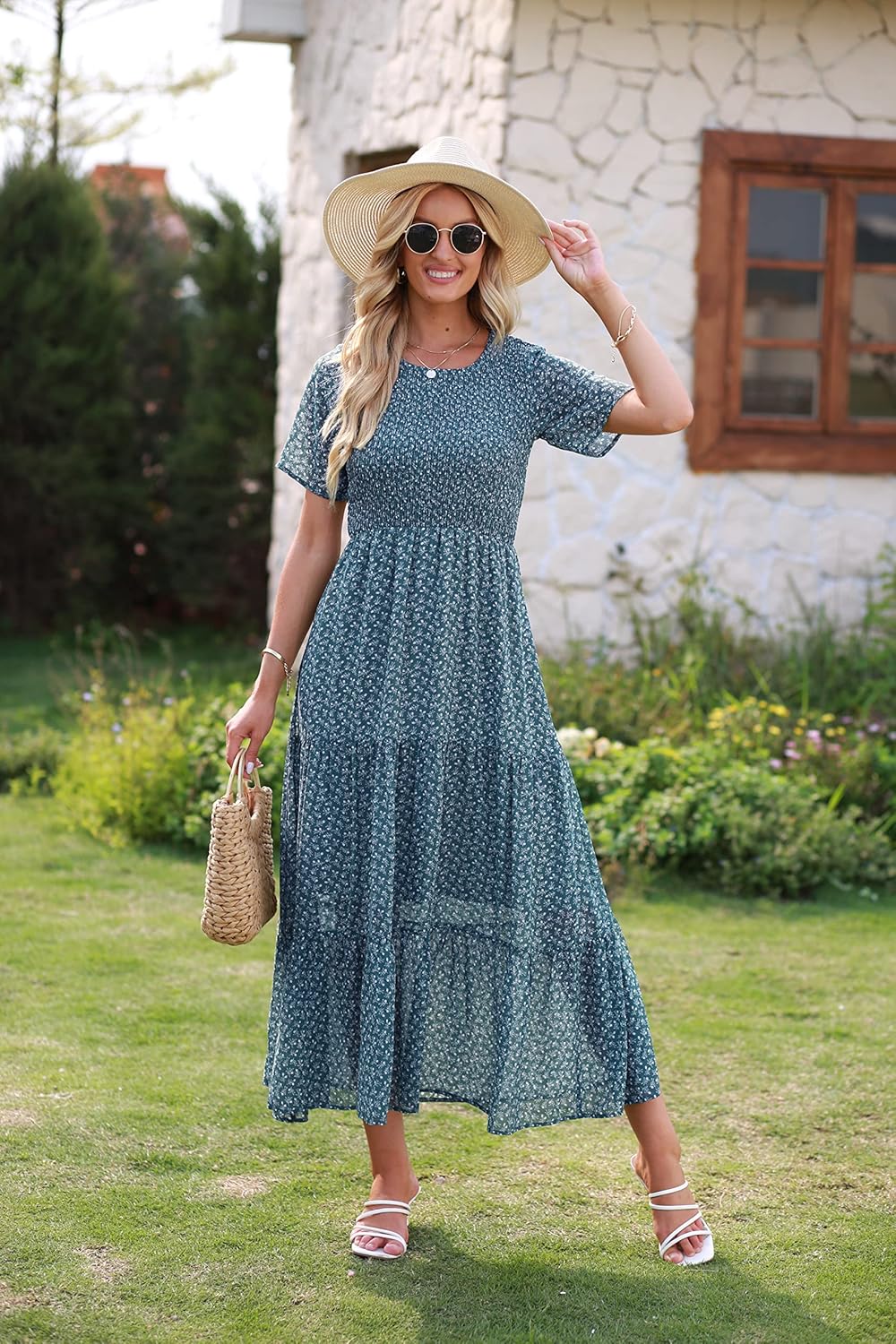 Élise Women's Maxi Dress – Bohemian Floral Smocked Ruffle Summer Elegant Dress