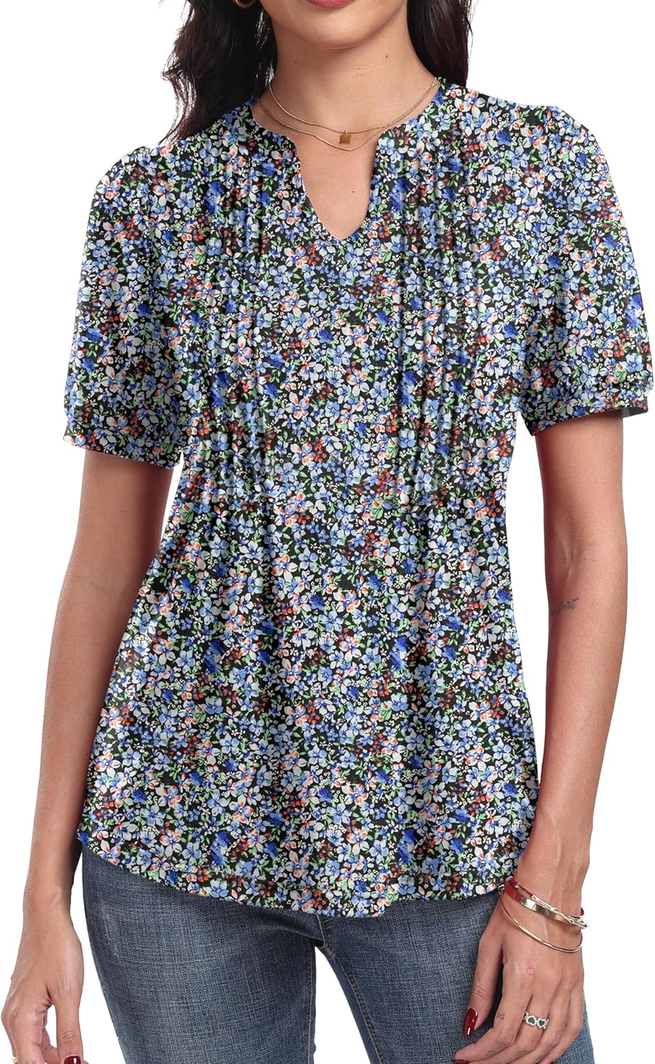 Top Élise para mujer con flores – Blusa elegante con cuello en V plisado y mangas con volantes