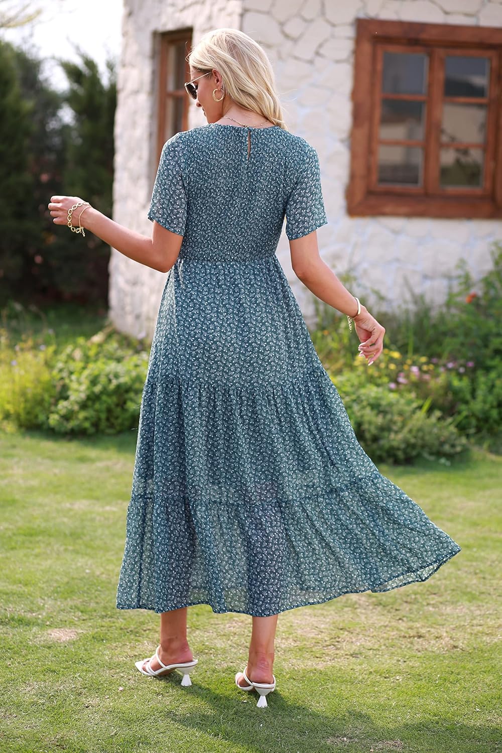 Élise Women's Maxi Dress – Bohemian Floral Smocked Ruffle Summer Elegant Dress