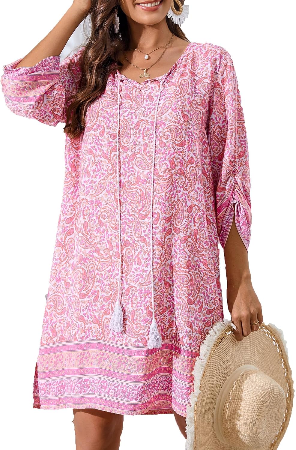 Léa Boho-Kleid für Damen – Blumenkleid mit 3/4-Ärmeln, fließender Schnitt, schick für den Sommer
