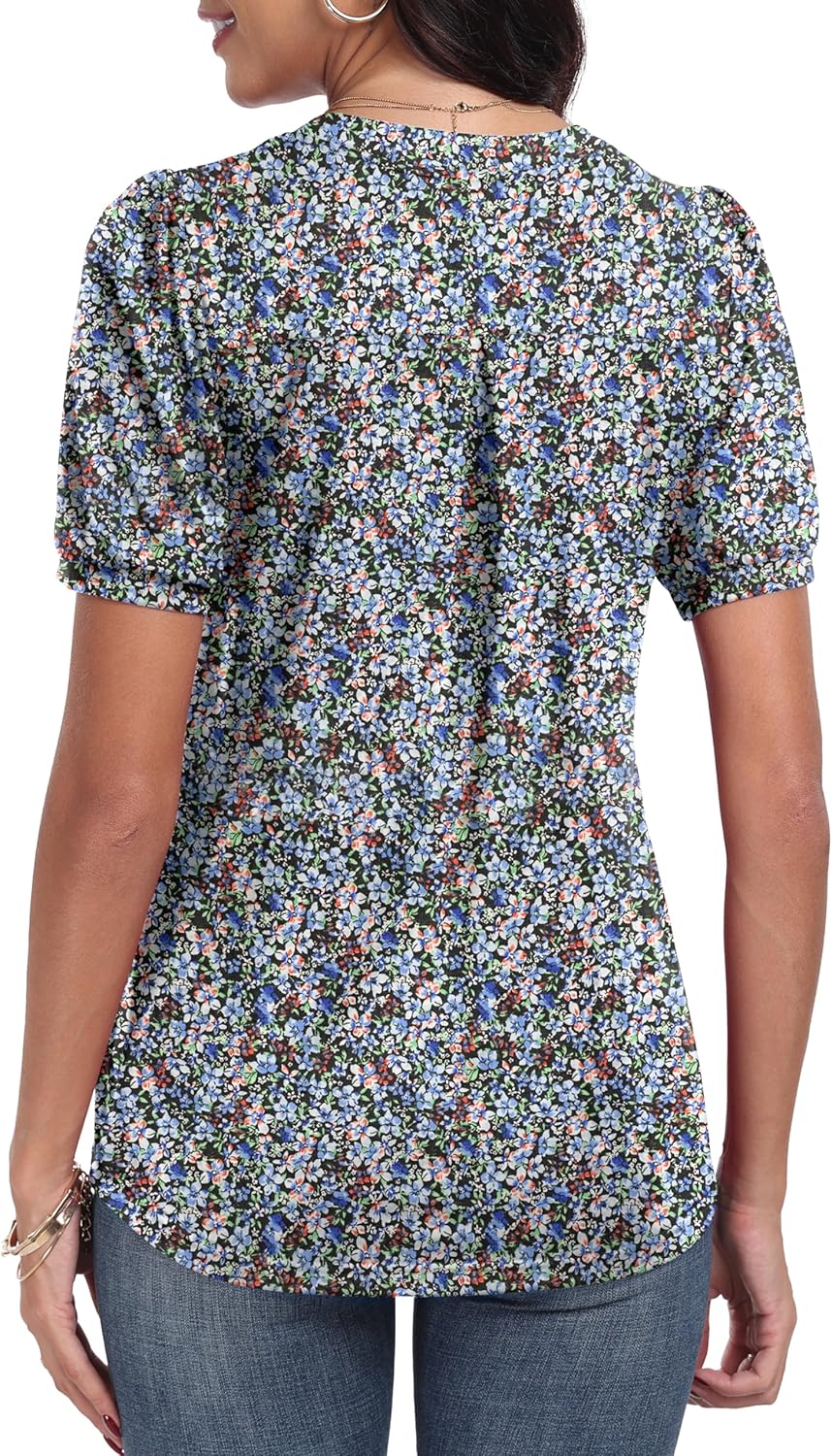 Top Élise para mujer con flores – Blusa elegante con cuello en V plisado y mangas con volantes