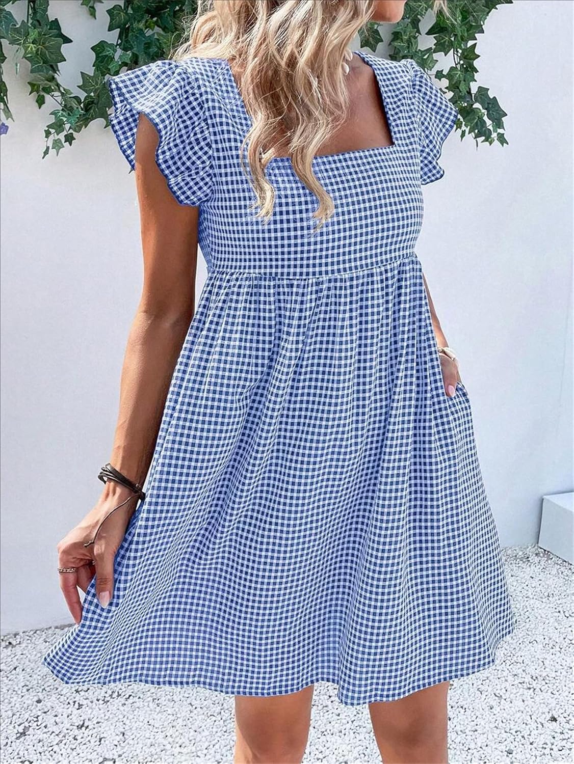 Vestito Lily Donna – Vestito Midi a Quadri con Collo Quadrato, Arricciato, Volant, Linea A, Estivo