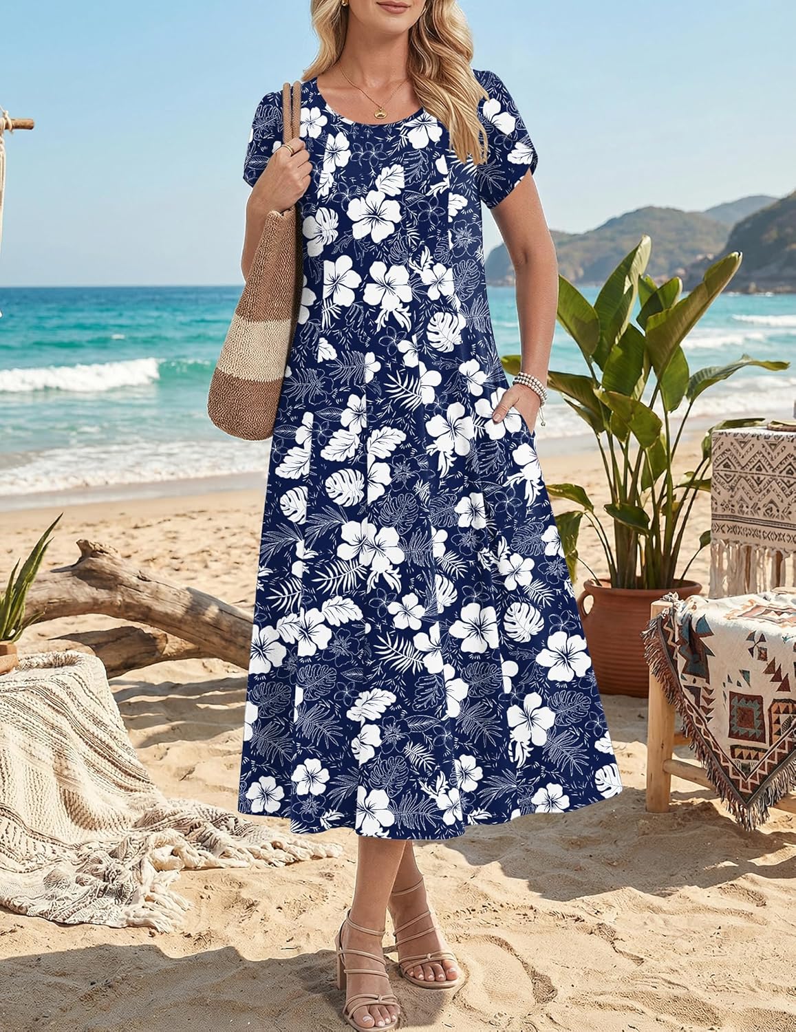 Amyrose Abito Midi A-Line Donna – Abito Estivo Fluido con Maniche a Sbuffo e Tasche