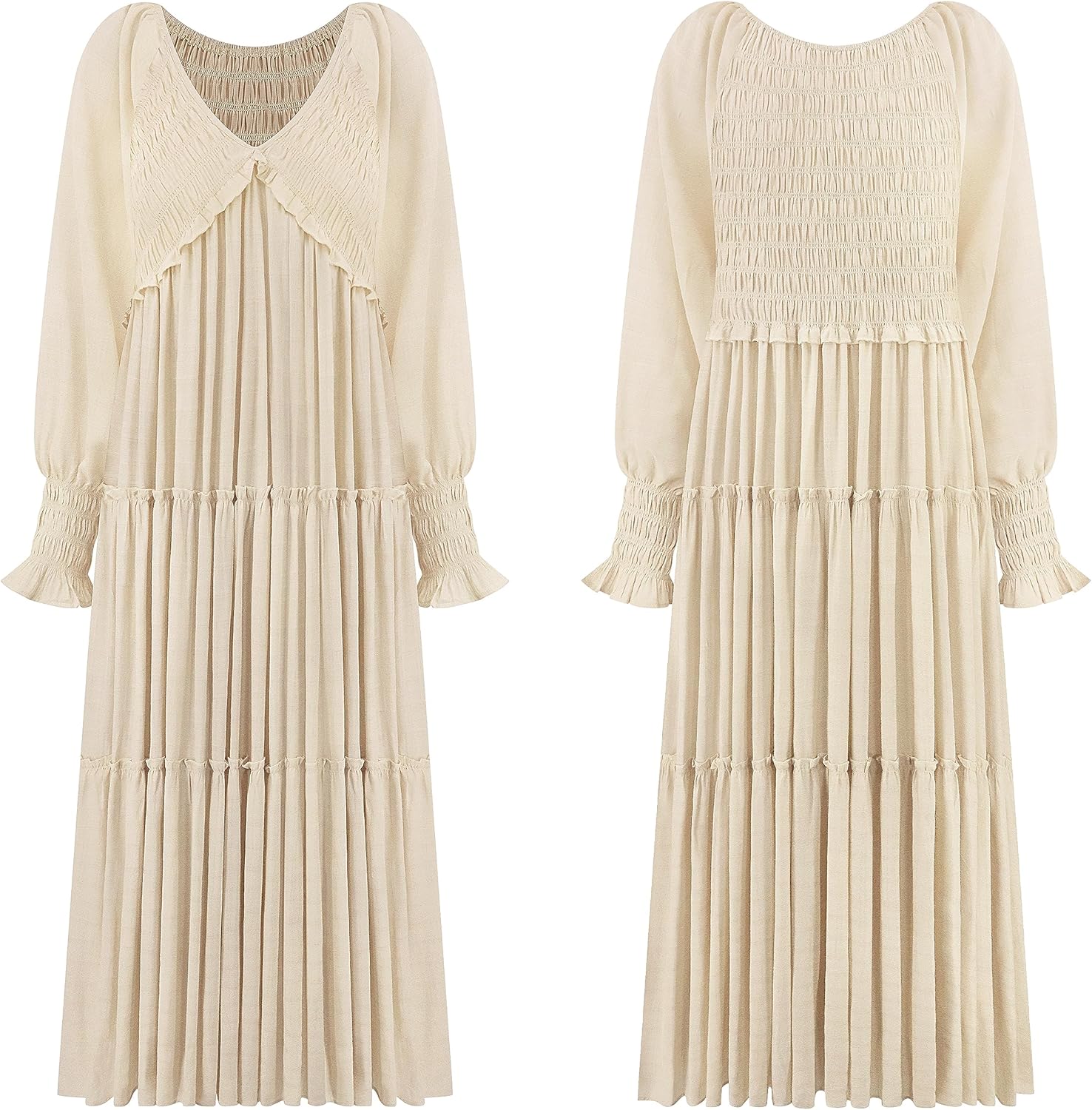 Vestido Maxi Eva para Mulher – Vestido Boémio com Decote em V, Mangas Compridas com Franzidos e Folhos