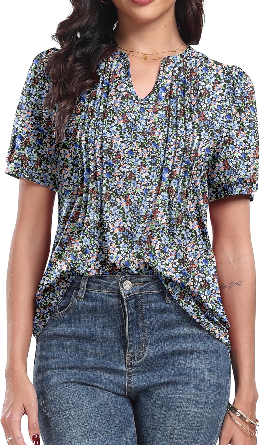 Top Élise para mujer con flores – Blusa elegante con cuello en V plisado y mangas con volantes