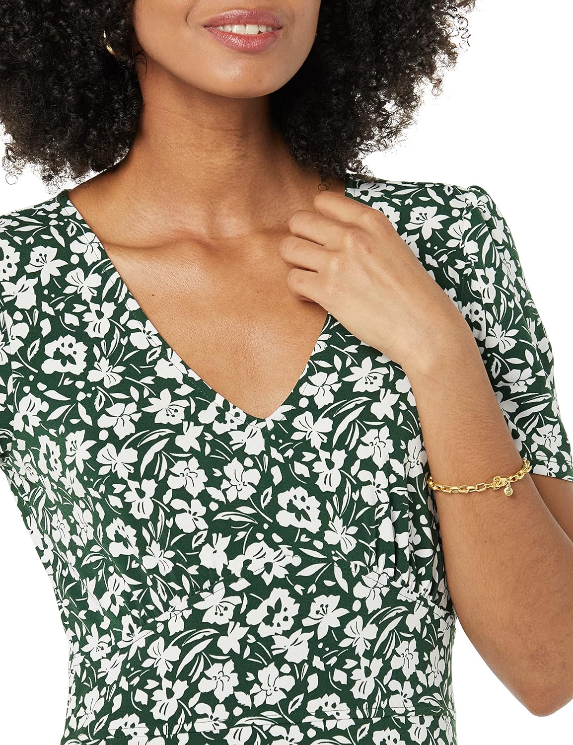 Vestido Sophie para mujer con flores – Vestido de jersey con cuello en V, mangas cortas, corte ajustado y falda acampanada elegante