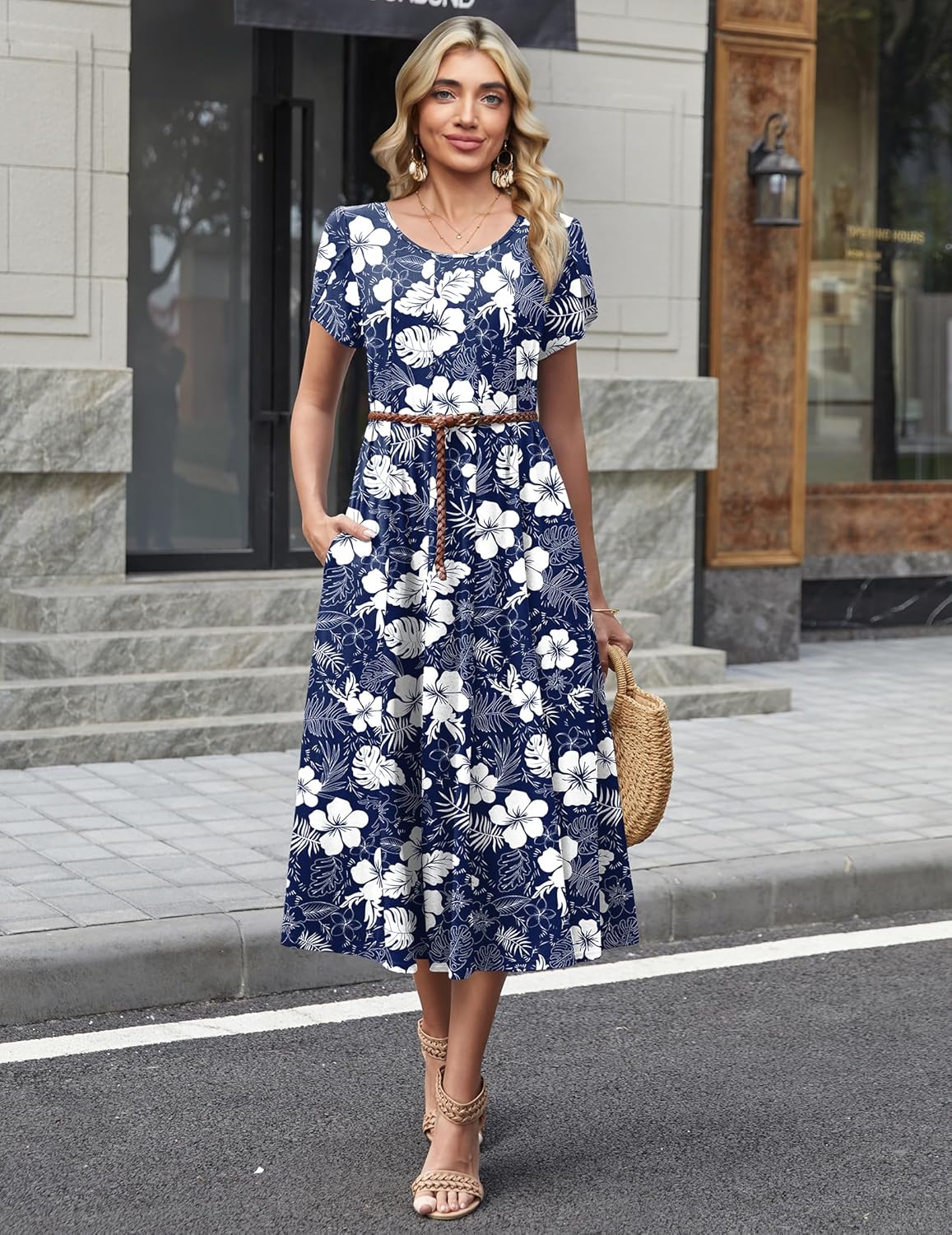 Amyrose Abito Midi A-Line Donna – Abito Estivo Fluido con Maniche a Sbuffo e Tasche