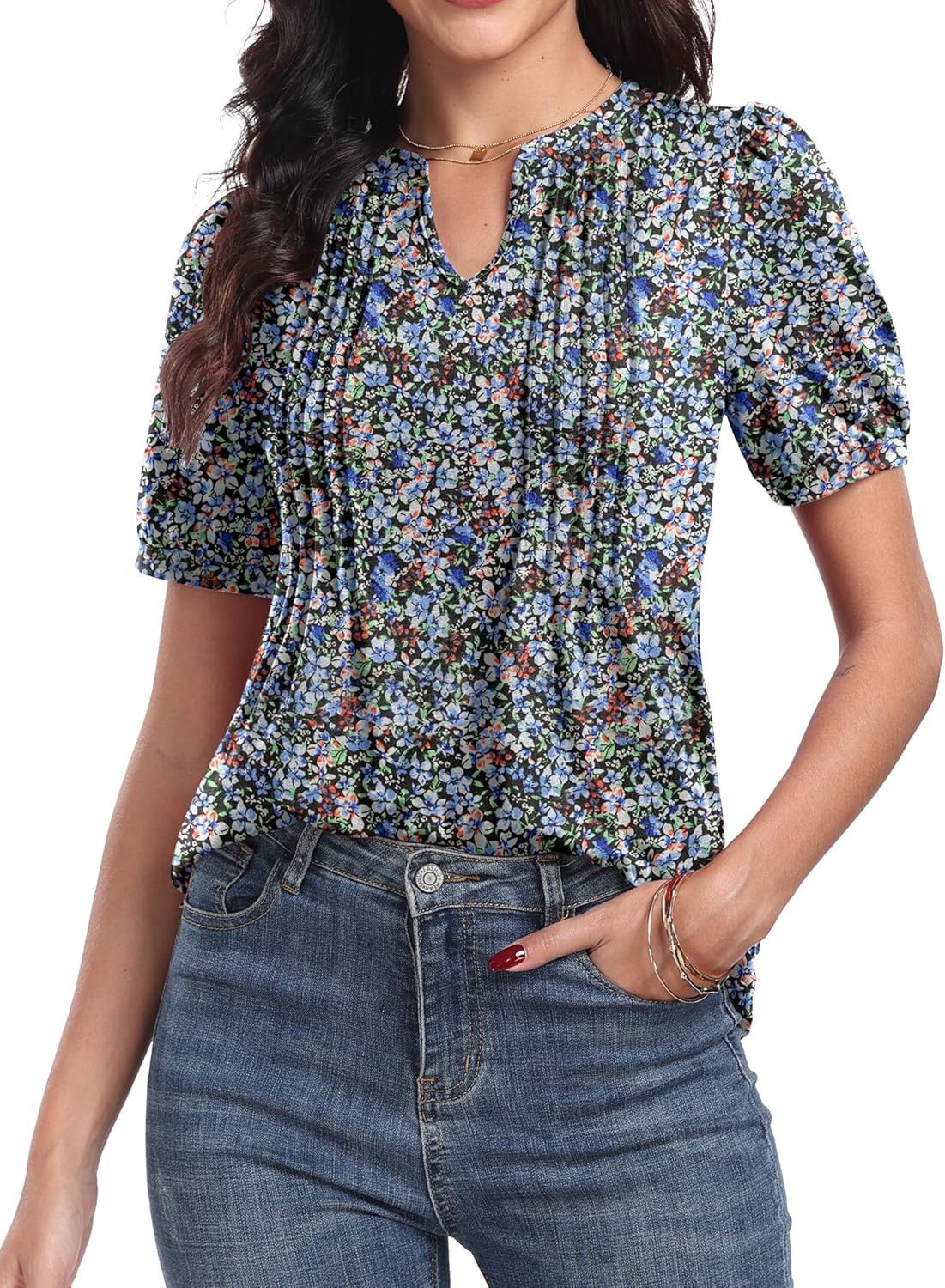 Top Élise para mujer con flores – Blusa elegante con cuello en V plisado y mangas con volantes