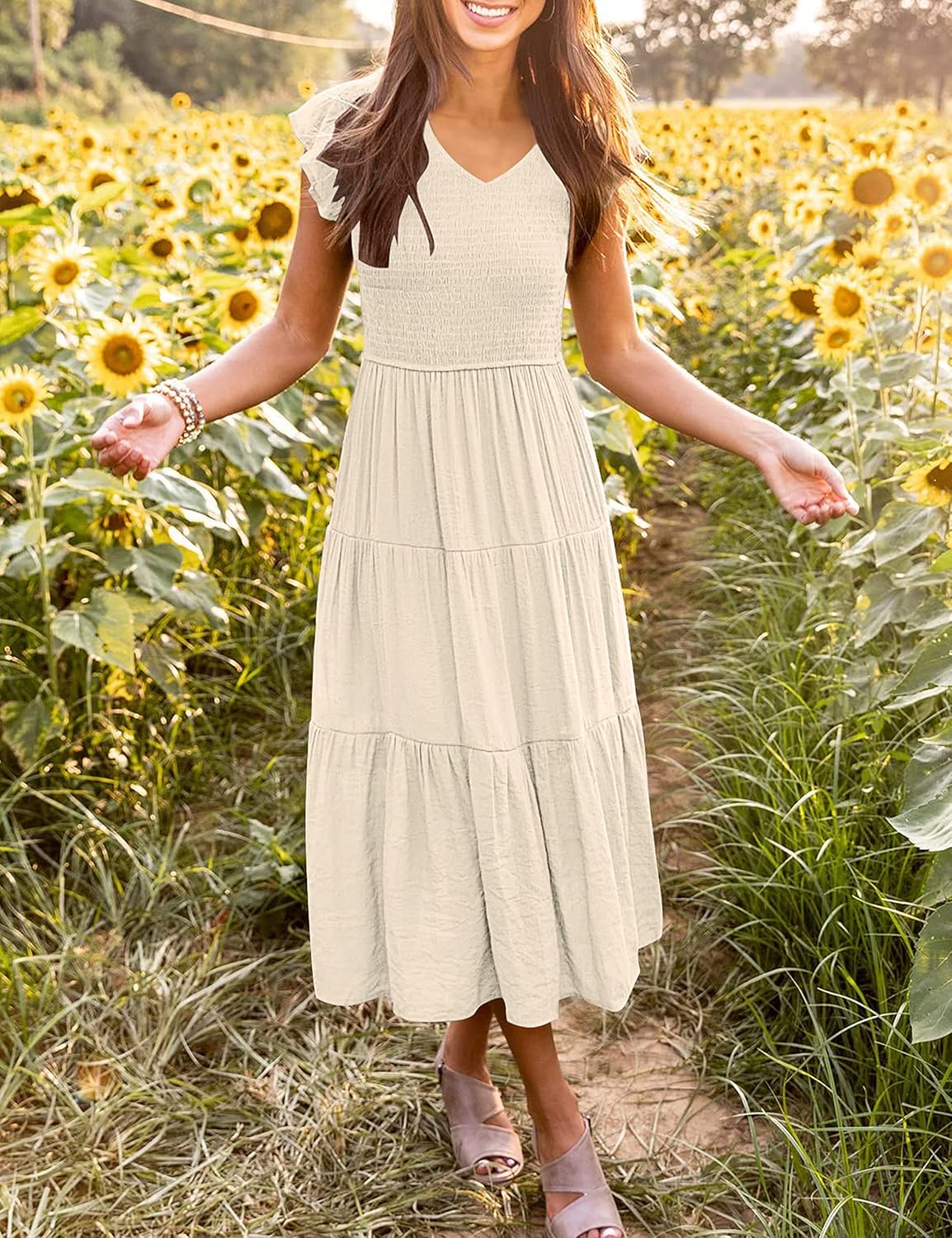 Clara Robe Midi Femme – Robe Été Col V Smockée Volants Avec Poches Élégante
