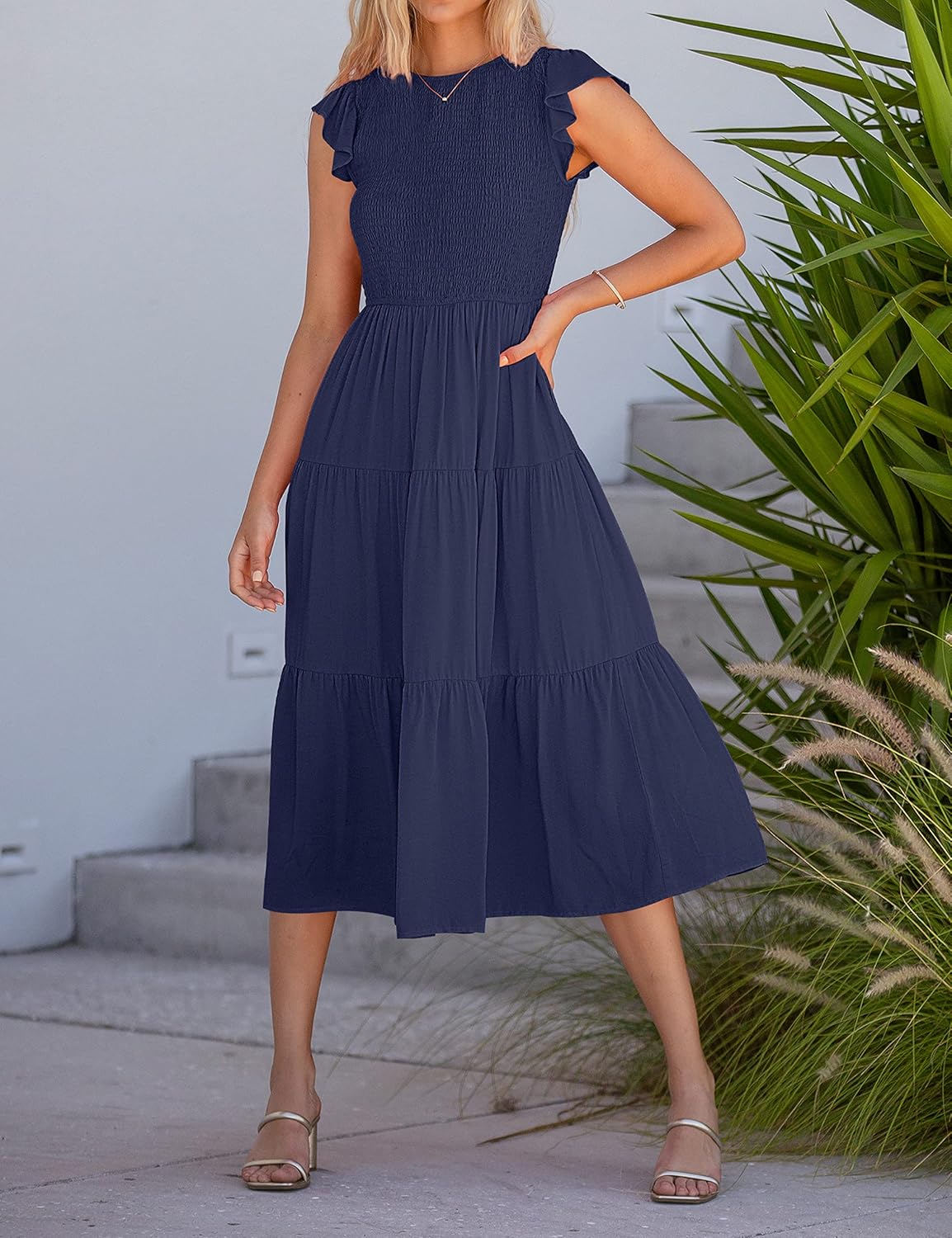 Louise Midi Dress for Women – Summer Smocked Dress with Flounced Sleeves, Elegant A-Line Cut