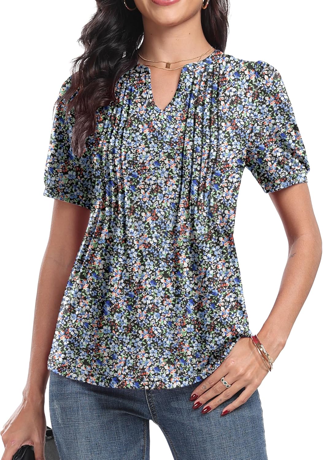 Top Élise para mujer con flores – Blusa elegante con cuello en V plisado y mangas con volantes