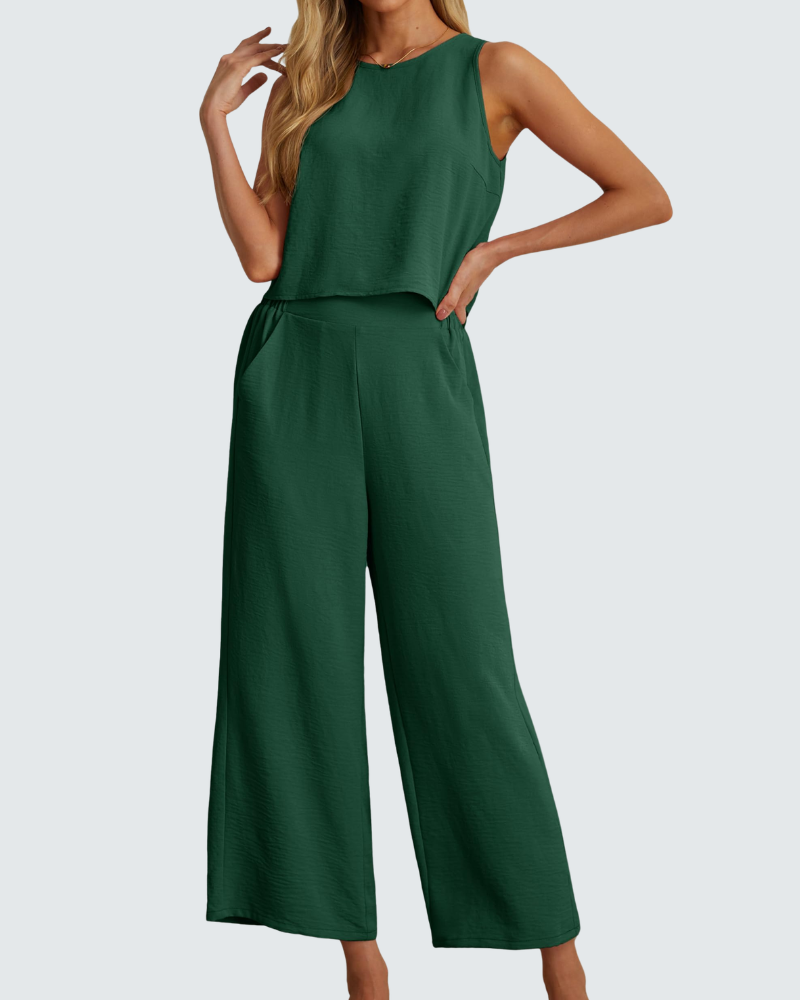 Velly Women's Summer Set – Sleeveless Top & High-Waisted Wide-Leg Pants