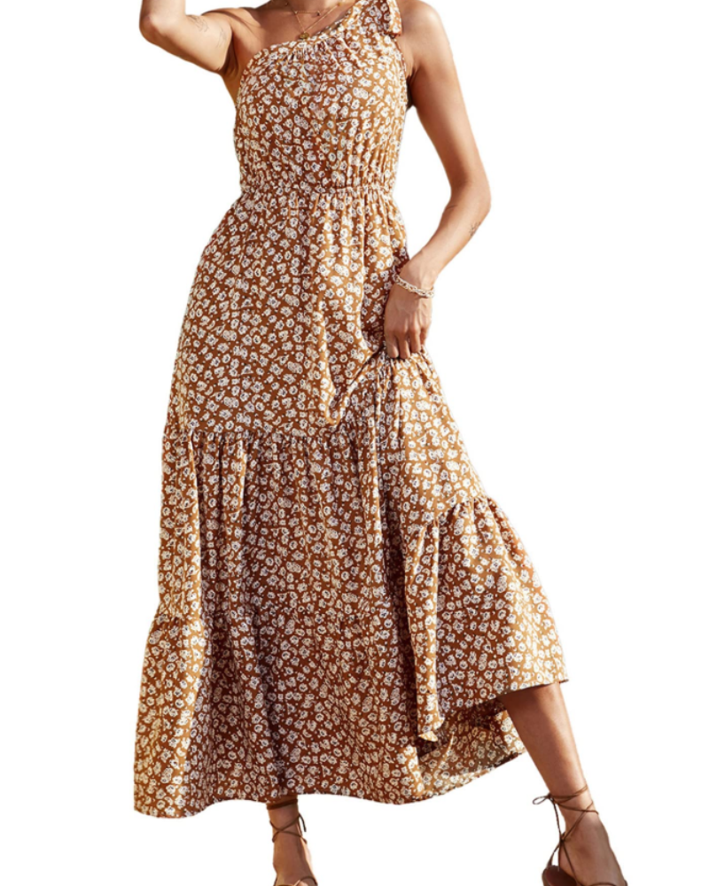 Avira Ženska Haljina – Asimetrična Maxi Haljina s Cvjetnim Uzorkom na Jedno Rame, Lepršavi Boemski Ljetni Krojač