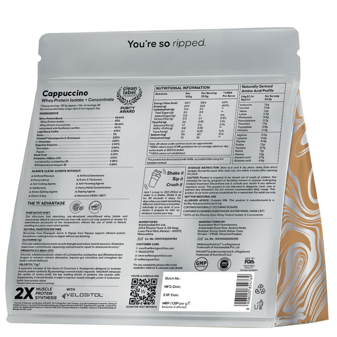 Whey Protein Isolate + Concentrate 24g | 1kg| 4B CFU Probiotics | Cappuccino