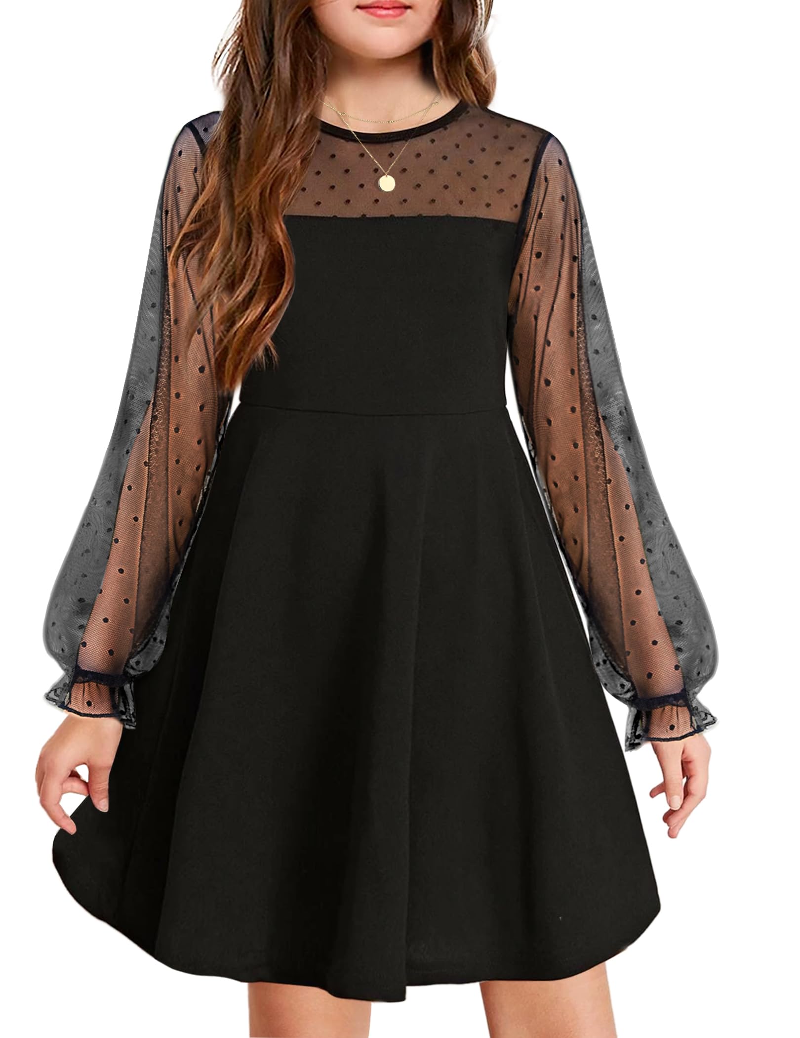 Aishi Mädchenkleid – Lange Mesh-Ärmel, A-Linien Schnitt & Hohe Taille mit Taschen
