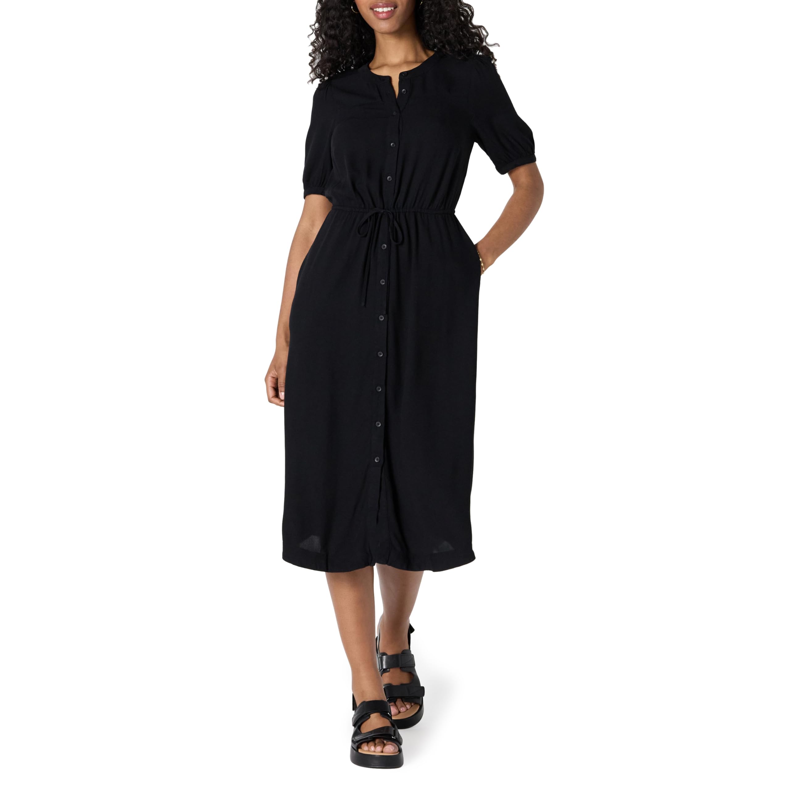 Vestido Krishna para Mulher – Corte A-Line Ajustado, Mangas Curtas e Saia Midi Evasê com Bolsos