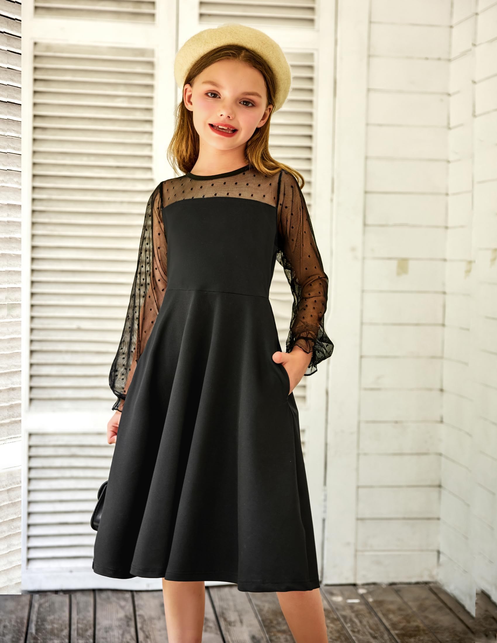 Aishi Mädchenkleid – Lange Mesh-Ärmel, A-Linien Schnitt & Hohe Taille mit Taschen