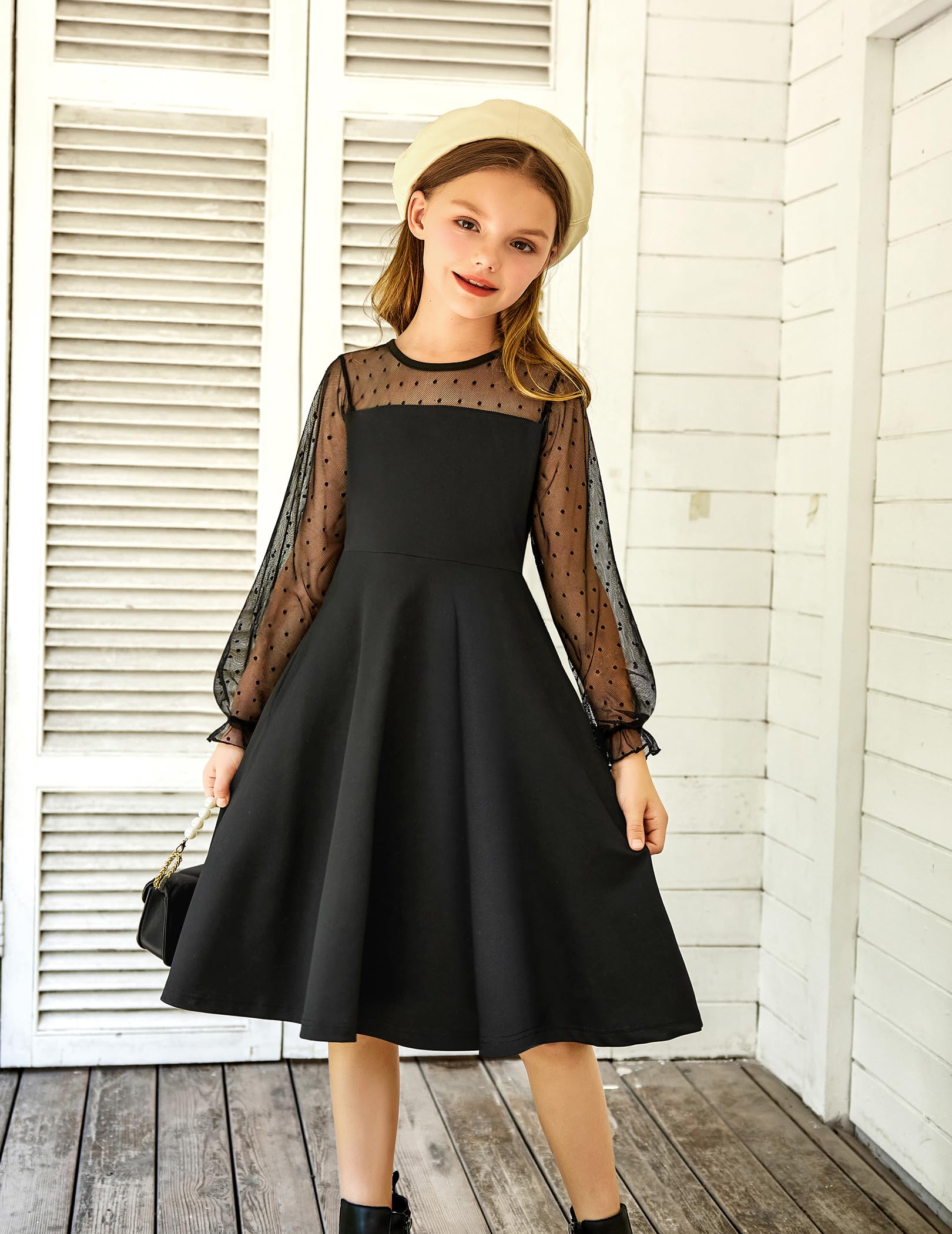 Aishi Mädchenkleid – Lange Mesh-Ärmel, A-Linien Schnitt & Hohe Taille mit Taschen