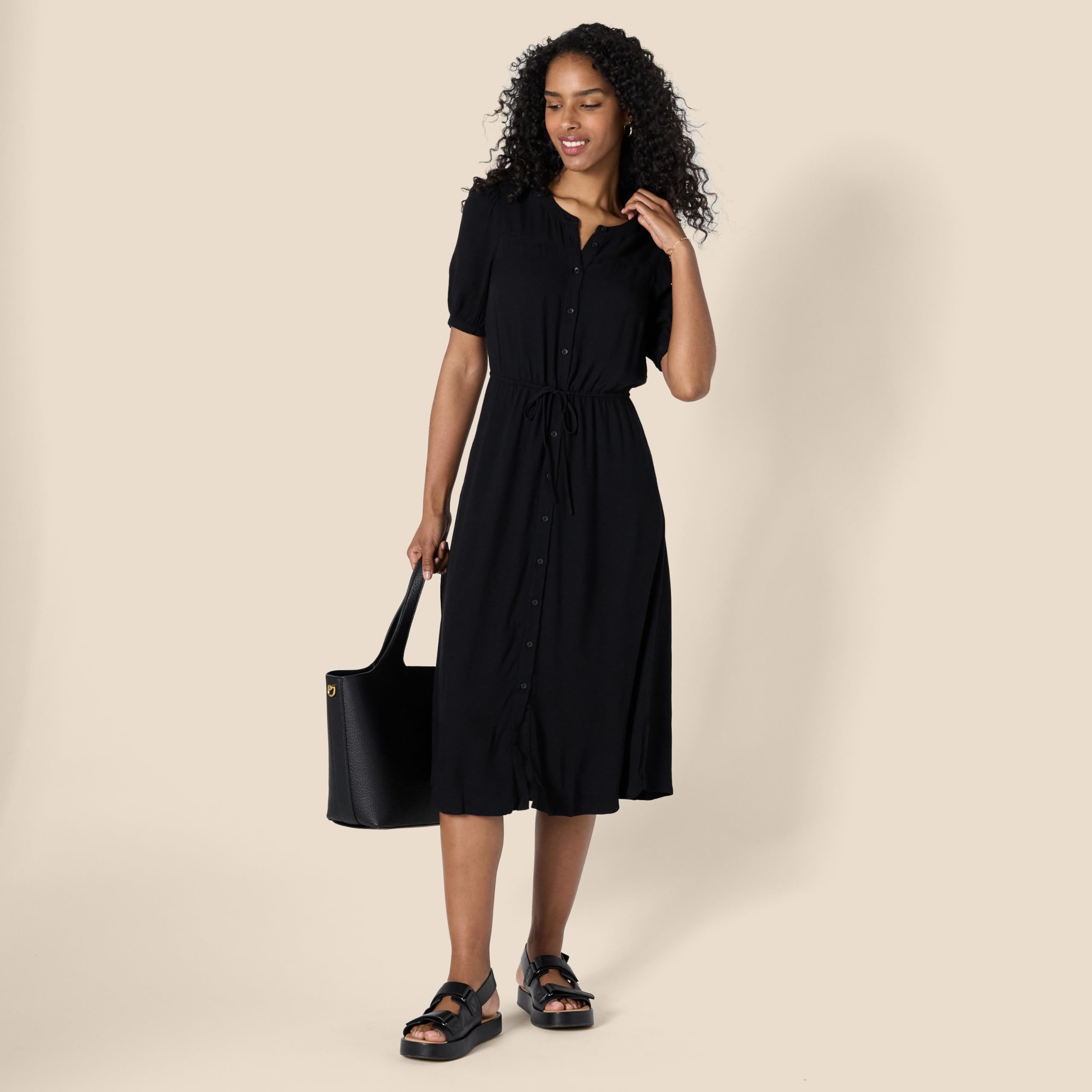 Vestido Krishna para Mulher – Corte A-Line Ajustado, Mangas Curtas e Saia Midi Evasê com Bolsos