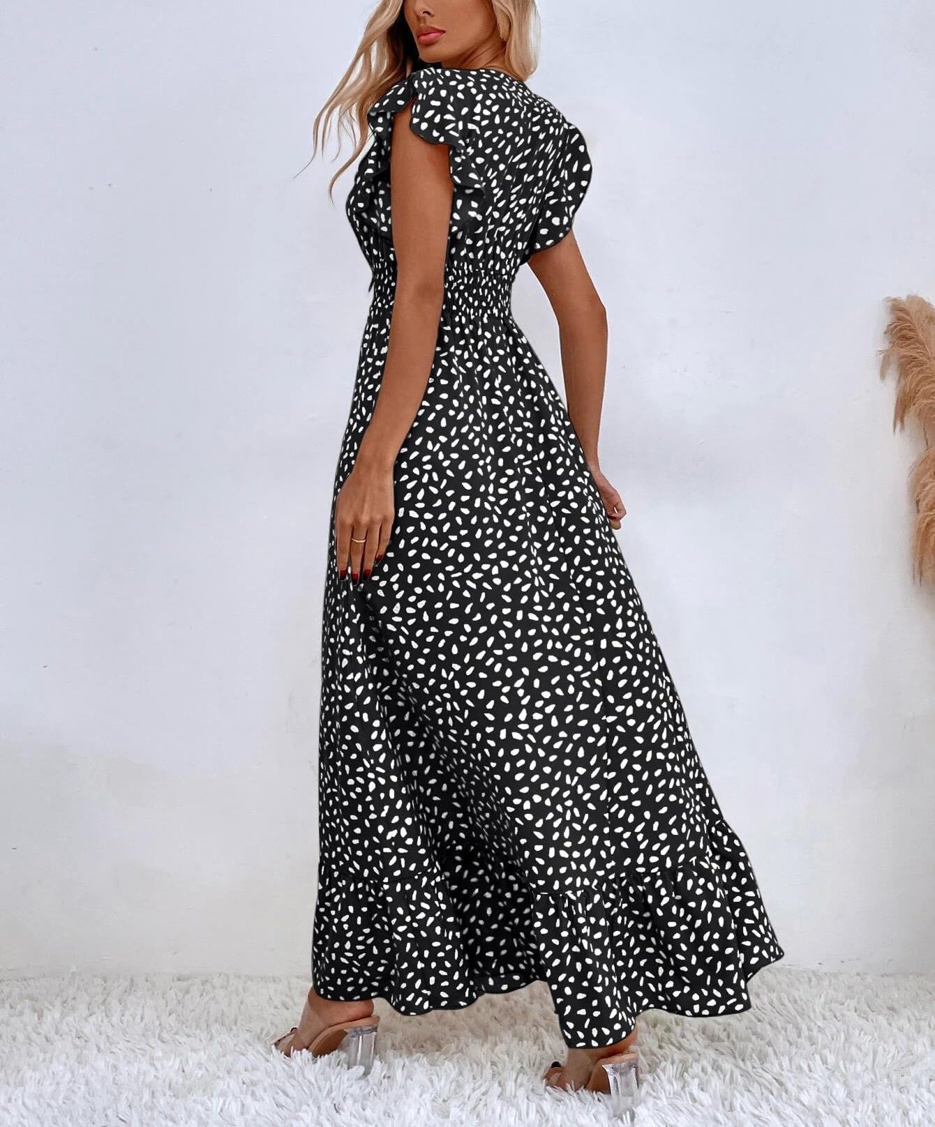 Gina maxi jurk dames – V-hals bloemenprint, pettal mouwen & elastische taille, luchtig zomer