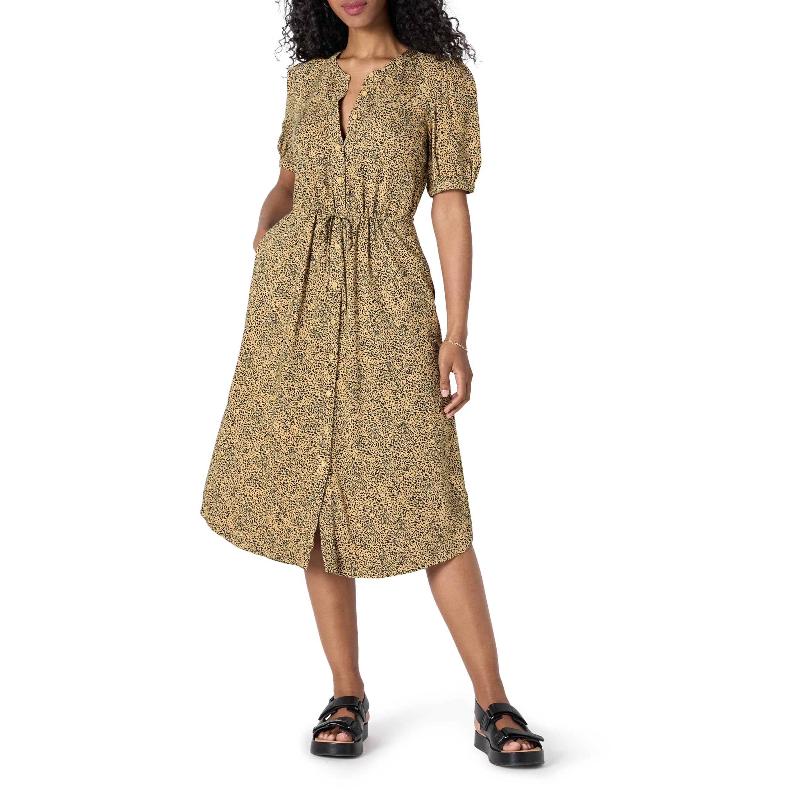 Vestido Krishna para Mulher – Corte A-Line Ajustado, Mangas Curtas e Saia Midi Evasê com Bolsos