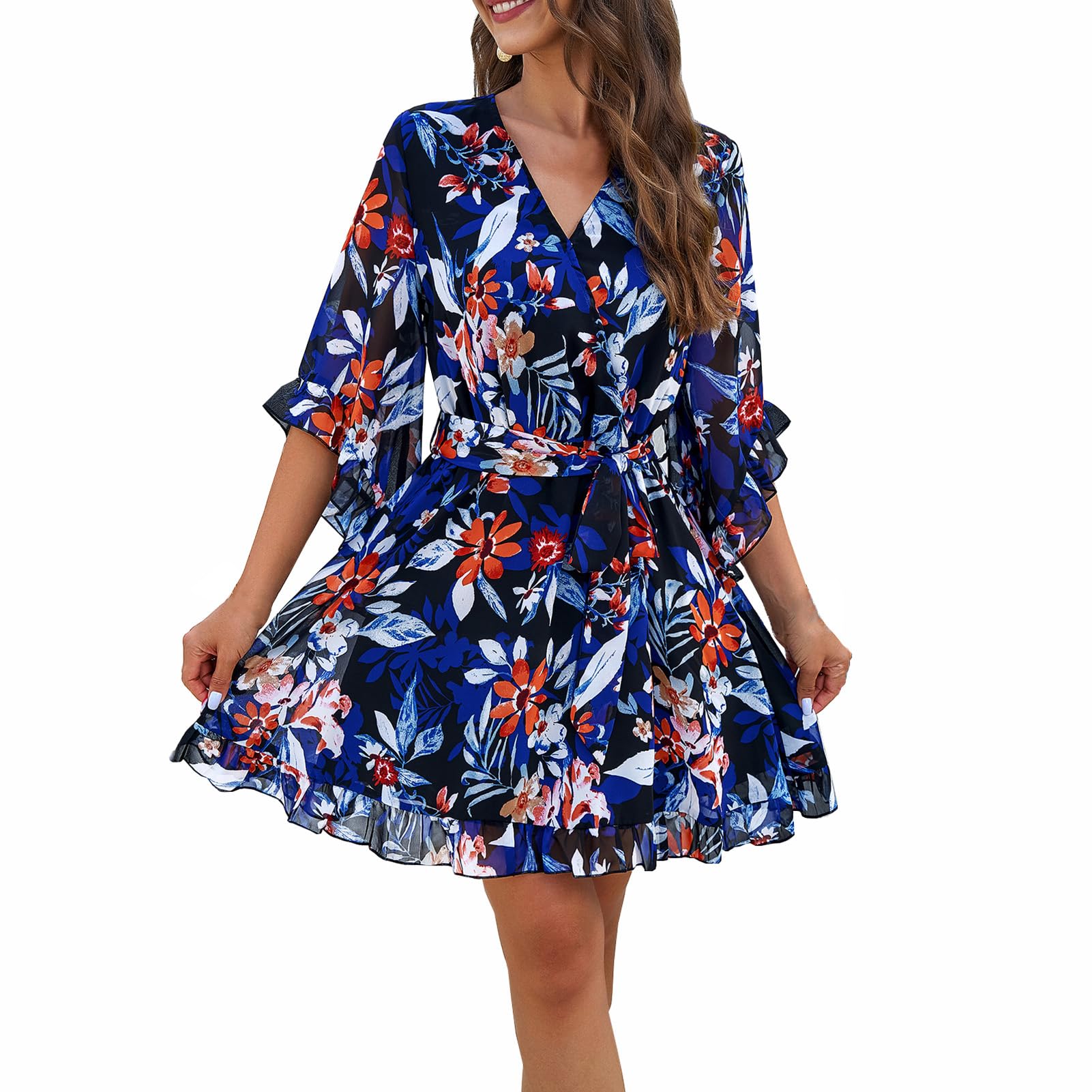 Robe Odessa Mulher – Cache-coração Decote em V Floral, Mangas Sino & Mini Musselina Elegante
