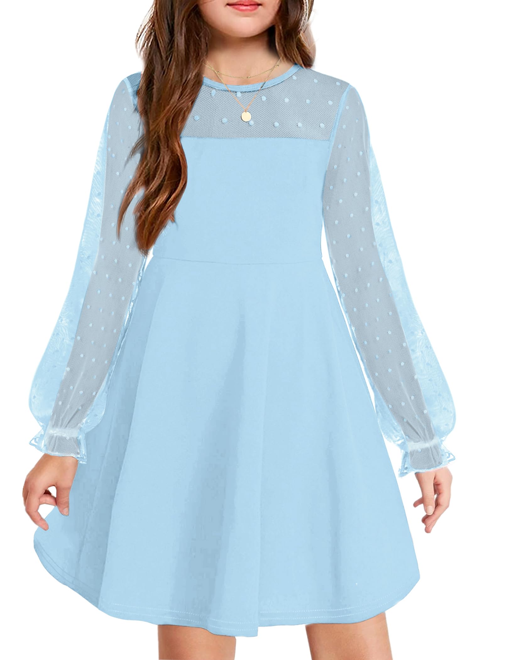 Aishi Mädchenkleid – Lange Mesh-Ärmel, A-Linien Schnitt & Hohe Taille mit Taschen