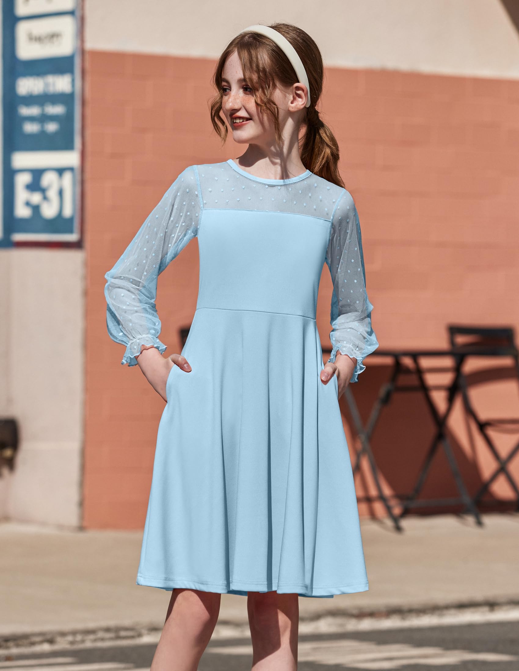 Aishi Mädchenkleid – Lange Mesh-Ärmel, A-Linien Schnitt & Hohe Taille mit Taschen