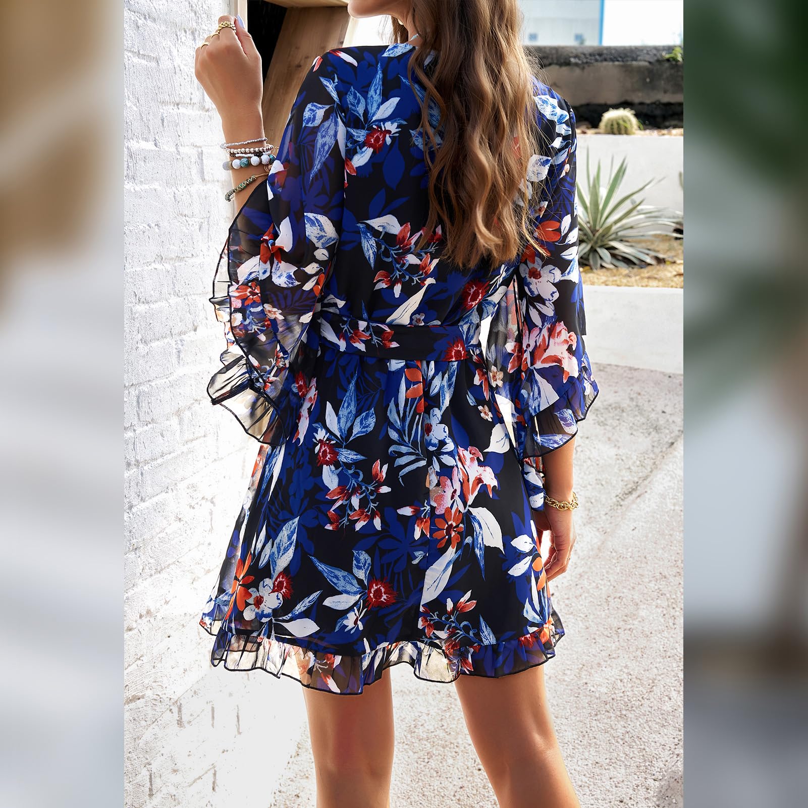 Robe Odessa Mulher – Cache-coração Decote em V Floral, Mangas Sino & Mini Musselina Elegante