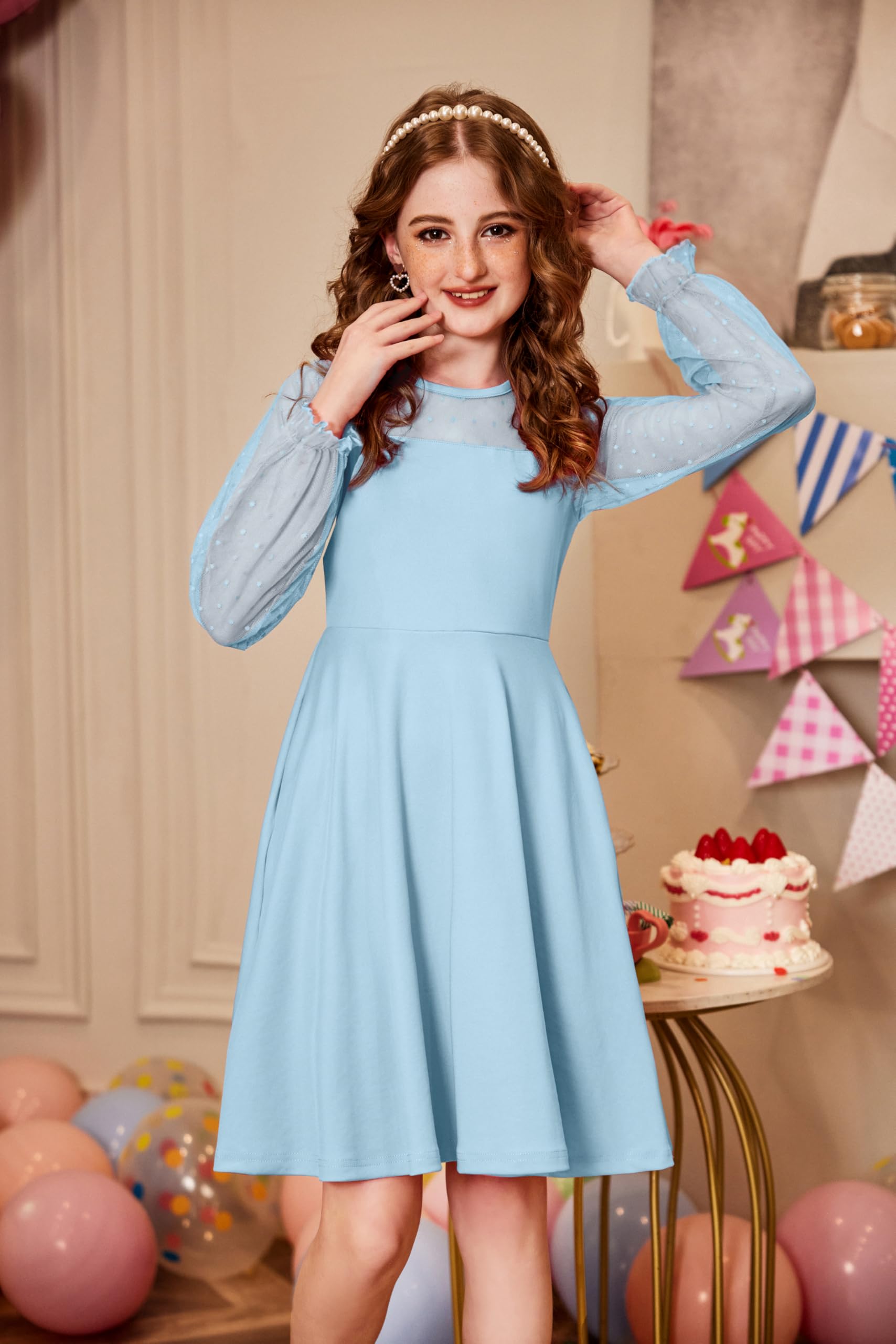Aishi Mädchenkleid – Lange Mesh-Ärmel, A-Linien Schnitt & Hohe Taille mit Taschen