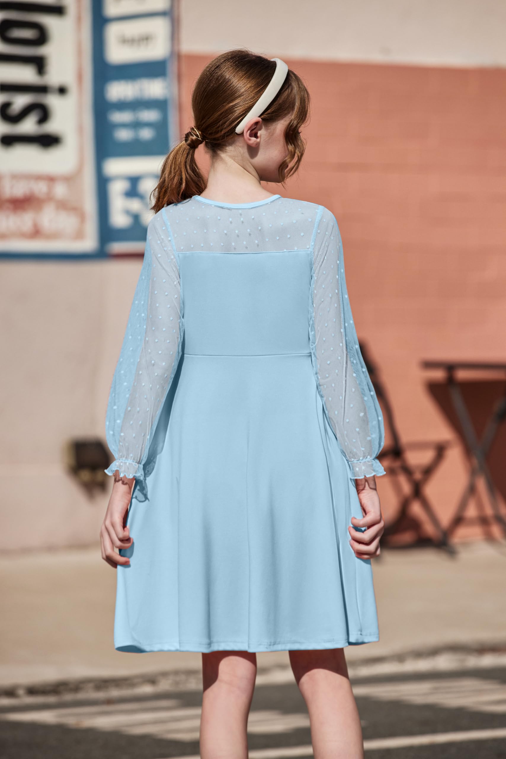Aishi Mädchenkleid – Lange Mesh-Ärmel, A-Linien Schnitt & Hohe Taille mit Taschen