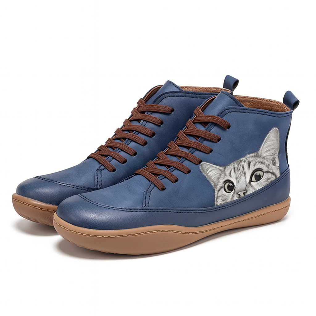 Angela Damen Stiefel mit Katzenmuster – Bequeme & warme Winterschuhe mit einzigartigem Stil