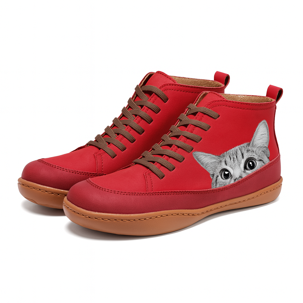 Angela Damen Stiefel mit Katzenmuster – Bequeme & warme Winterschuhe mit einzigartigem Stil
