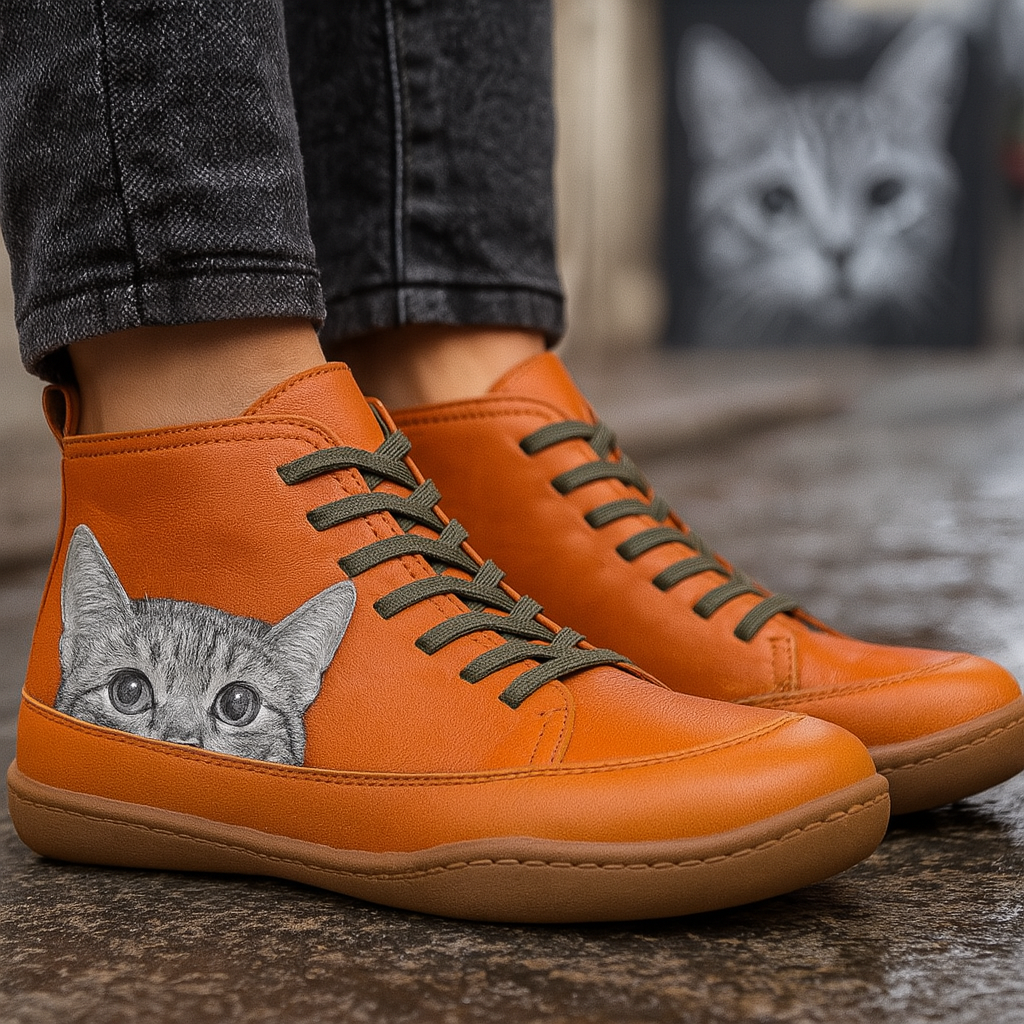 Angela Damen Stiefel mit Katzenmuster – Bequeme & warme Winterschuhe mit einzigartigem Stil