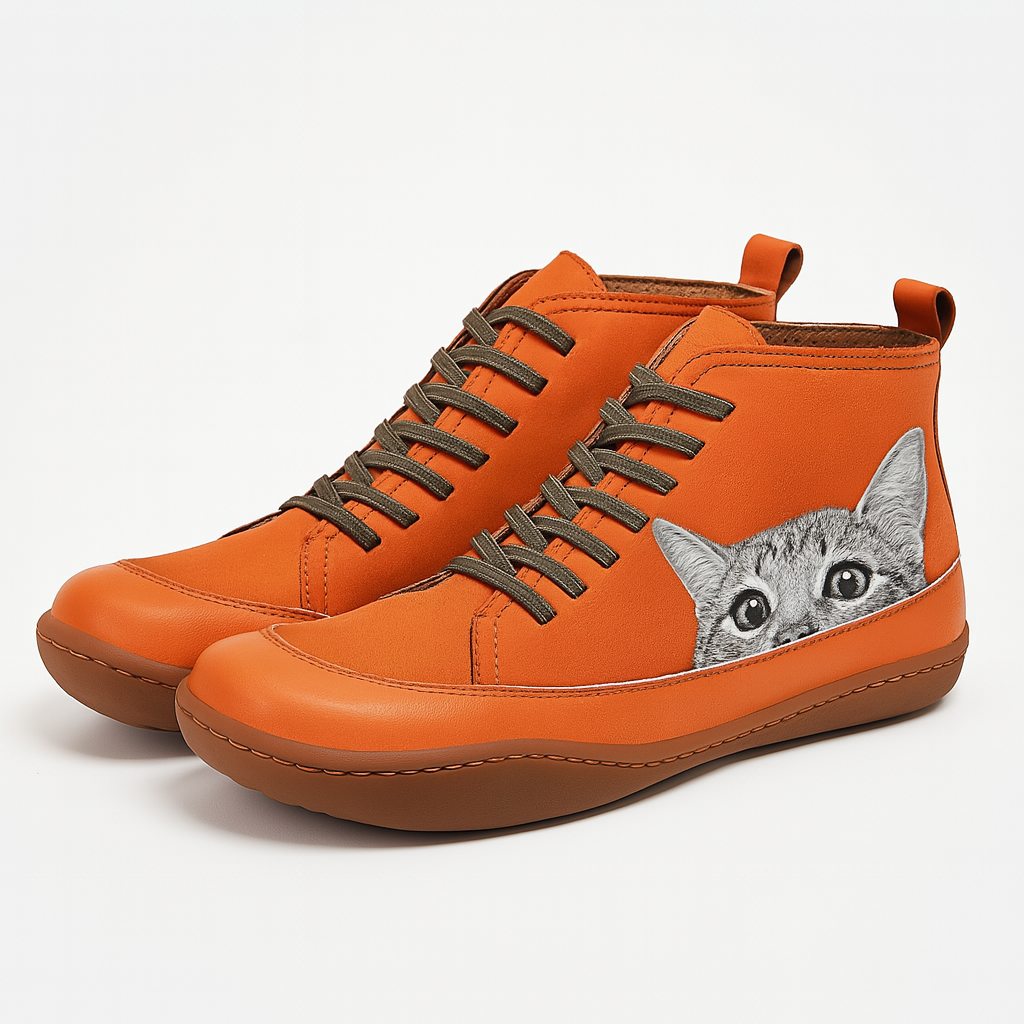 Angela Damen Stiefel mit Katzenmuster – Bequeme & warme Winterschuhe mit einzigartigem Stil