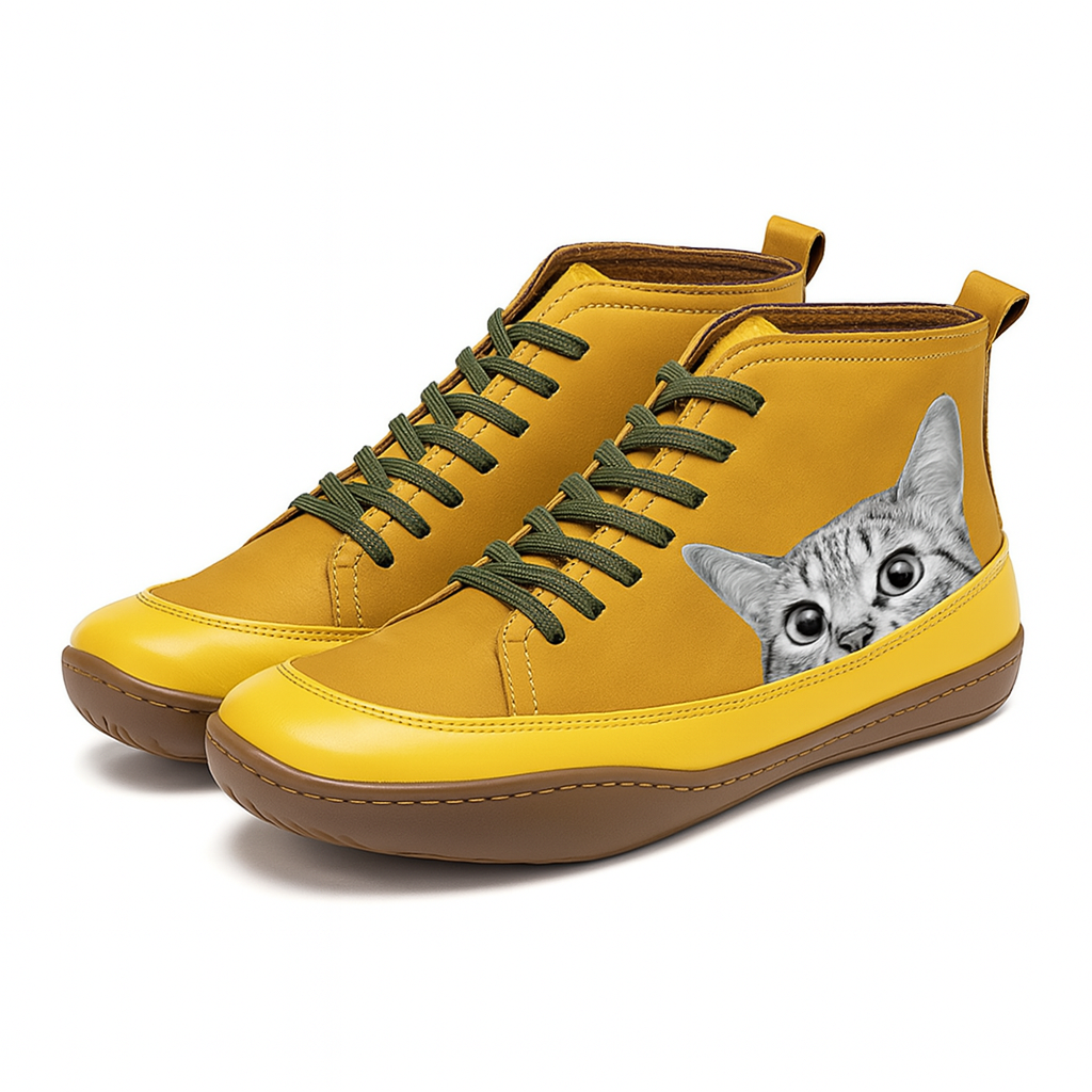 Angela Damen Stiefel mit Katzenmuster – Bequeme & warme Winterschuhe mit einzigartigem Stil